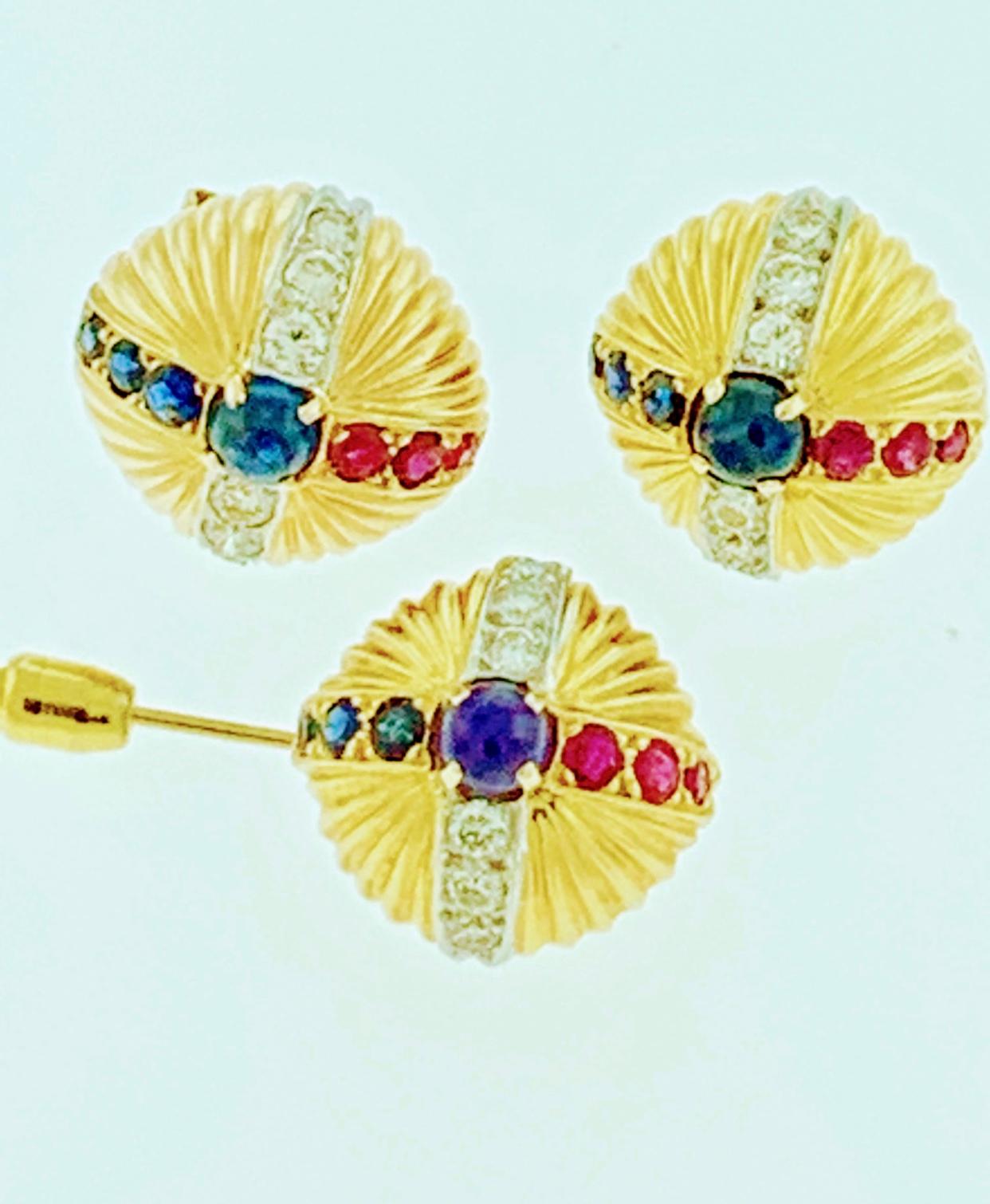 Women's 18 Karat Yellow Gold Ruby Sapphire and Diamond Earring and Stick Pin Set Estate For Sale