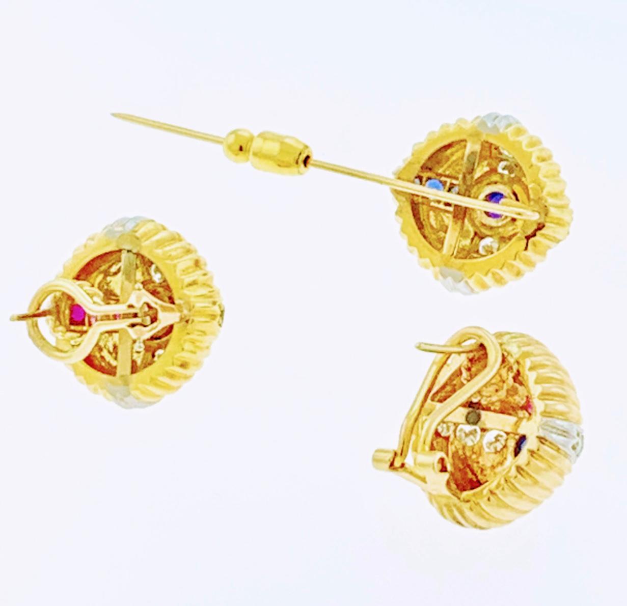 18 Karat Yellow Gold Ruby Sapphire and Diamond Earring and Stick Pin Set Estate For Sale 1
