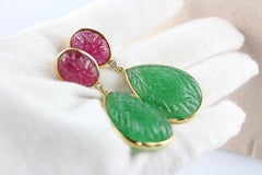18 Karat Yellow Gold Ruby White Diamond Aventurine Leaf Flower Drop Earrings