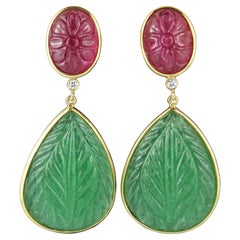 18 Karat Yellow Gold Ruby White Diamond Aventurine Leaf Flower Drop Earrings