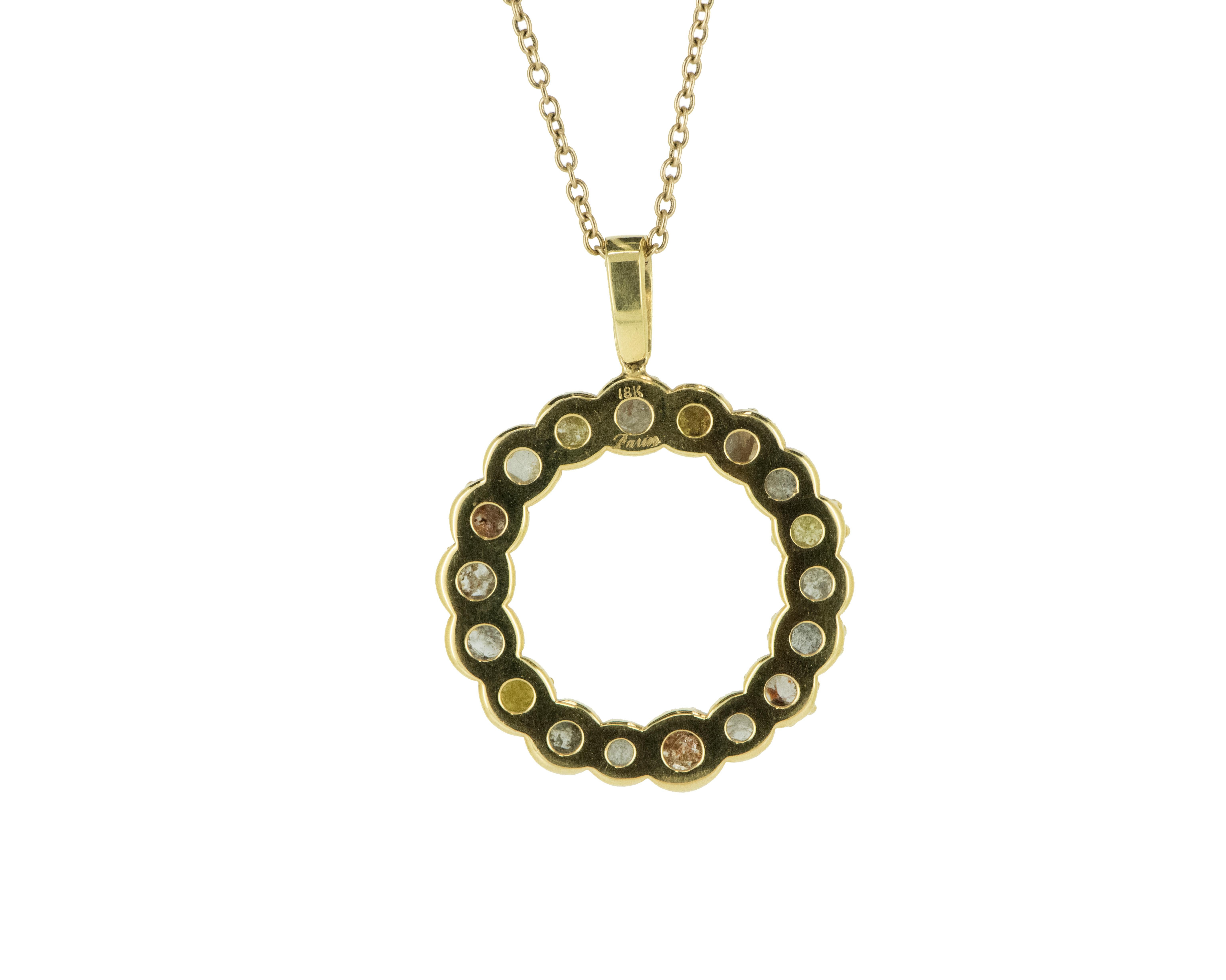 Art Nouveau 18 Karat Yellow Gold Rustic Diamond Circle Pendant with Chain For Sale