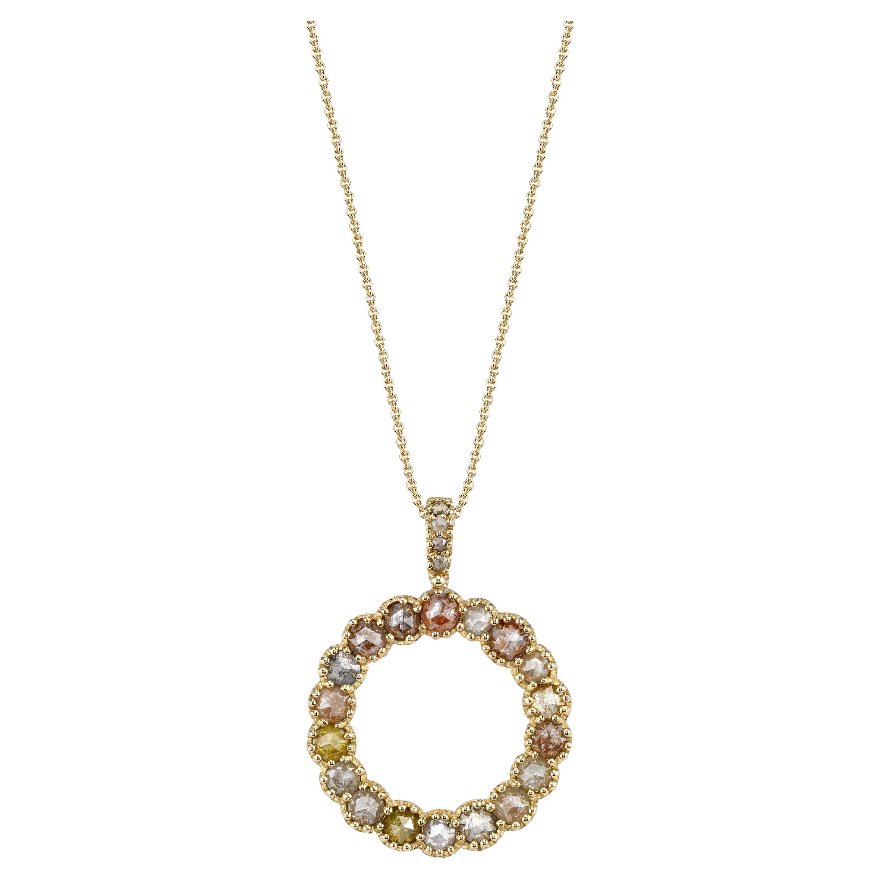 18 Karat Yellow Gold Rustic Diamond Circle Pendant with Chain For Sale