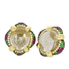 18 Karat Yellow Gold Rutil Quartz Tsavorite Rubies Venice Earrings by Niquesa