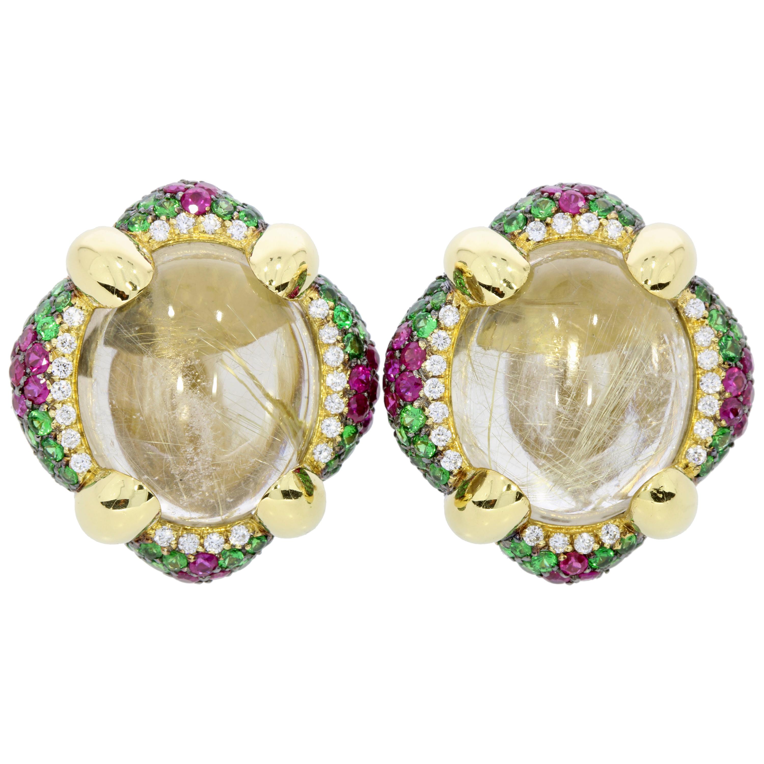 18 Karat Yellow Gold Rutil Quartz Tsavorite Rubies Venice Earrings by Niquesa For Sale