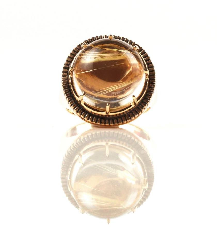 Hand made 18 karat Yellow Gold and Black Rhodium plated Ring with a beautiful Rutilated Quartz Cabochon. Part of our Architectural Collection, this ring is inspired by the work of Étienne-Louis Boullée, in particular his drawing for the Newton's