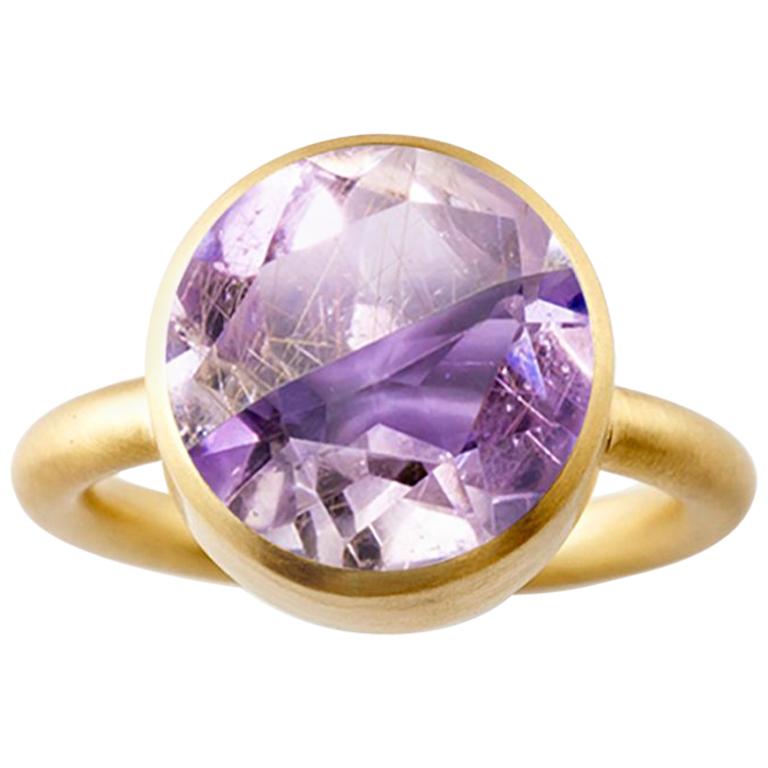 18 Karat Yellow Gold Rutile Quartz and Ametrine Two-Stone Modern Cocktail Ring