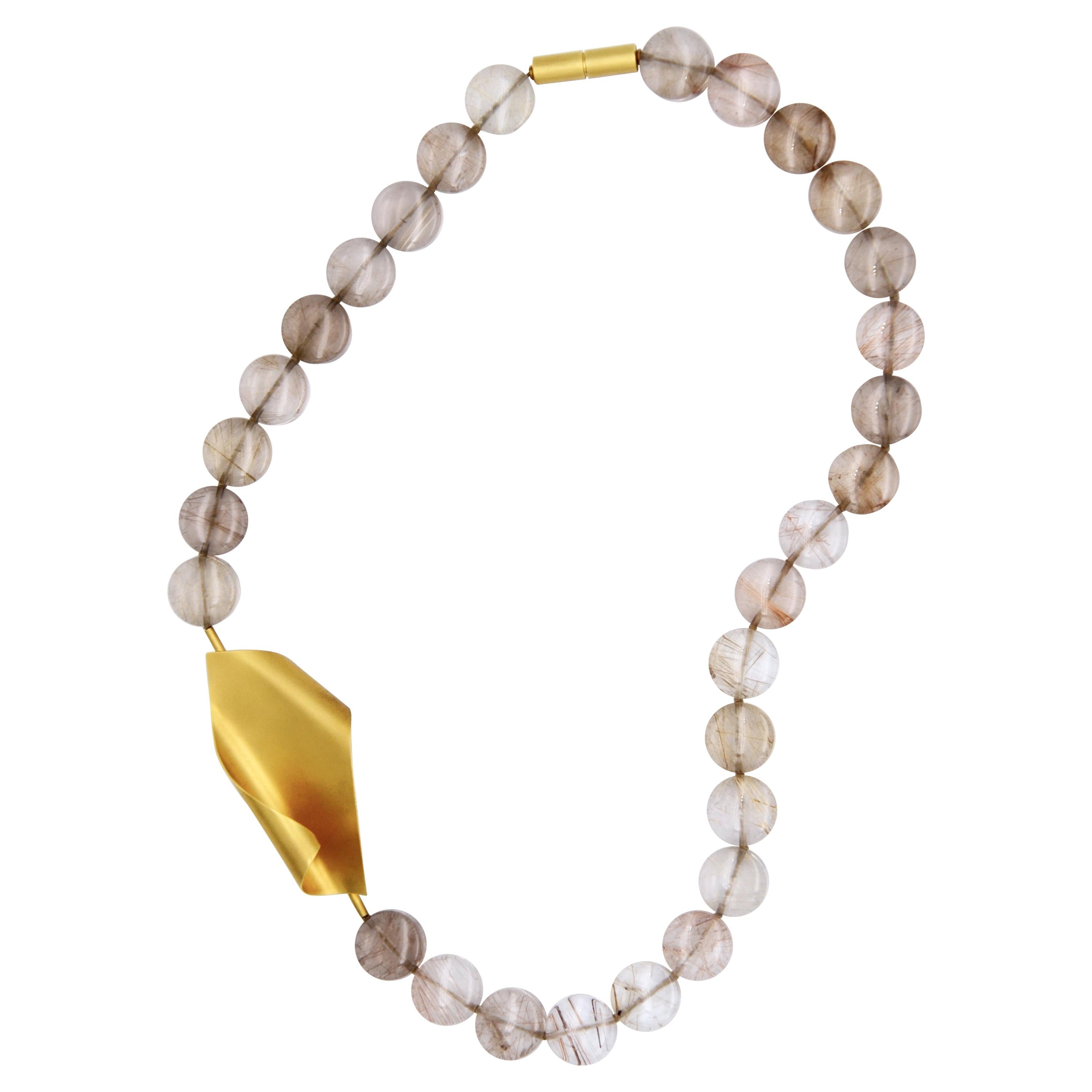 Contemporary 18 Karat Yellow Gold Rutile Quartz Necklace For Sale