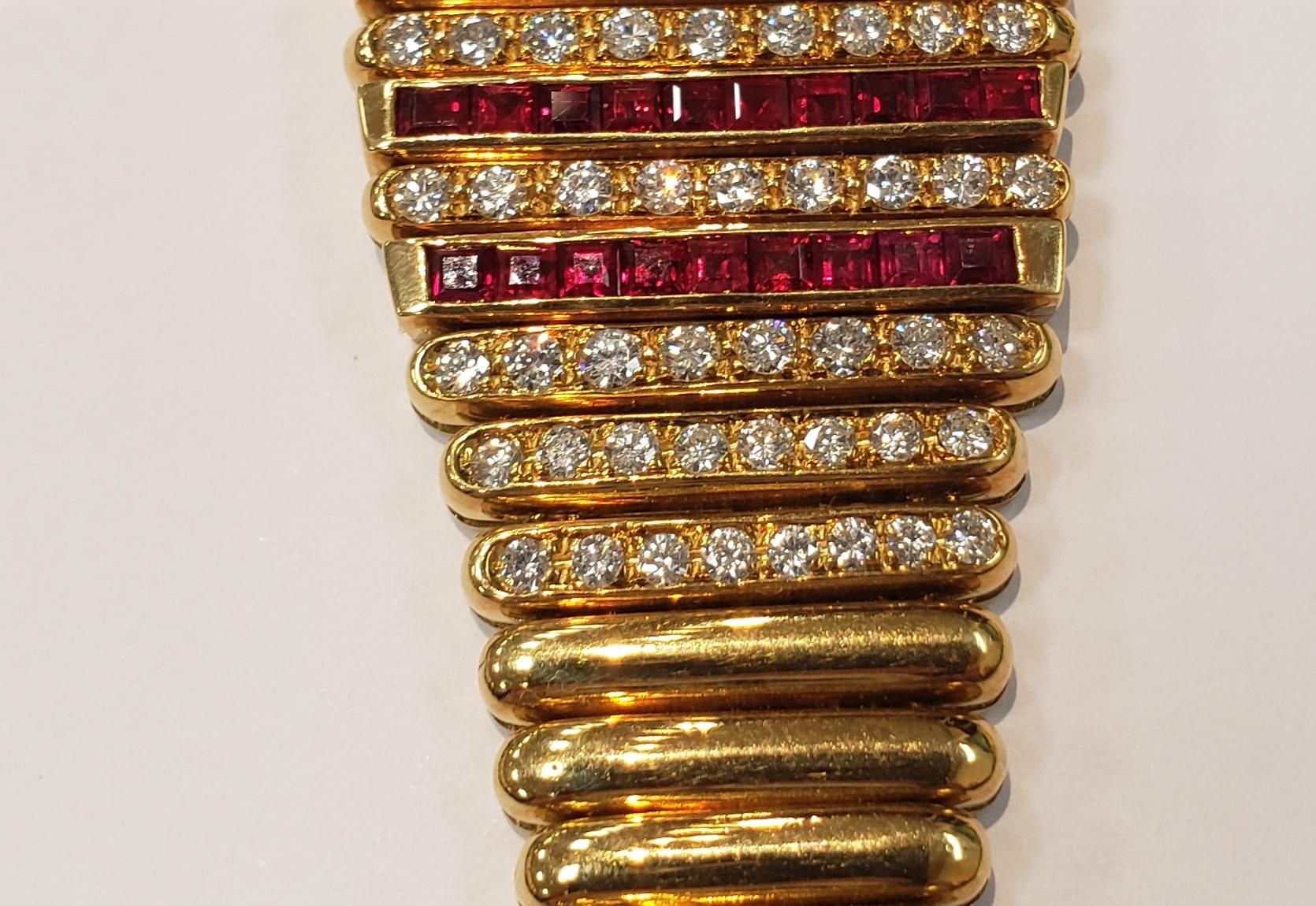 Contemporary 18 Karat Yellow Gold Salavetti Bracelet with Invisible Set Rubies and Diamonds For Sale