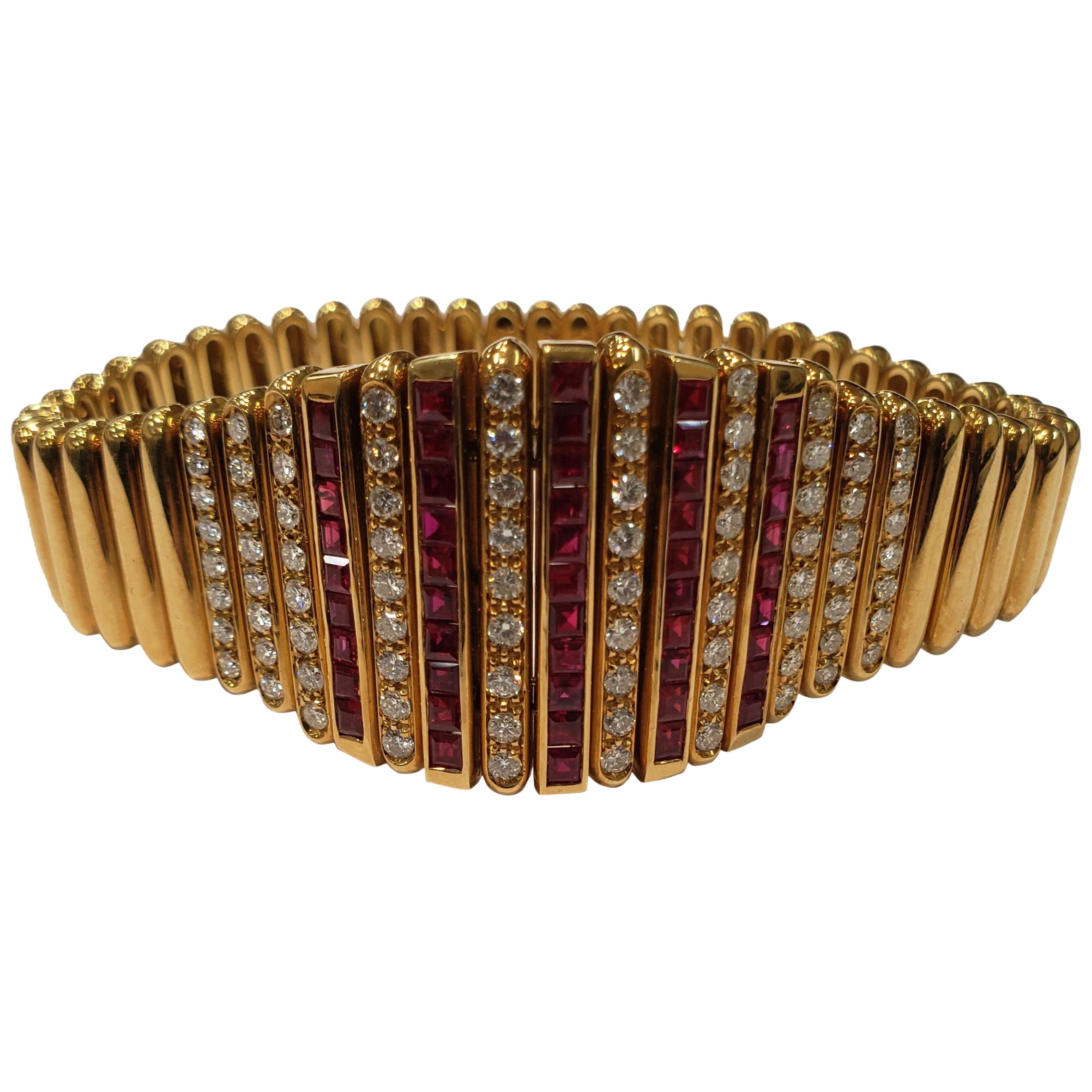 18 Karat Yellow Gold Salavetti Bracelet with Invisible Set Rubies and Diamonds For Sale