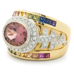 18 Karat Yellow Gold Salmon Tourmaline, Rainbow Sapphire & Diamond Cocktail Ring