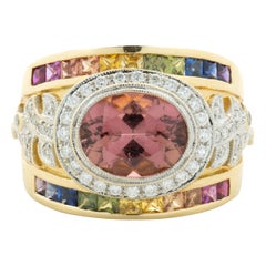 18 Karat Yellow Gold Salmon Tourmaline, Rainbow Sapphire & Diamond Cocktail Ring