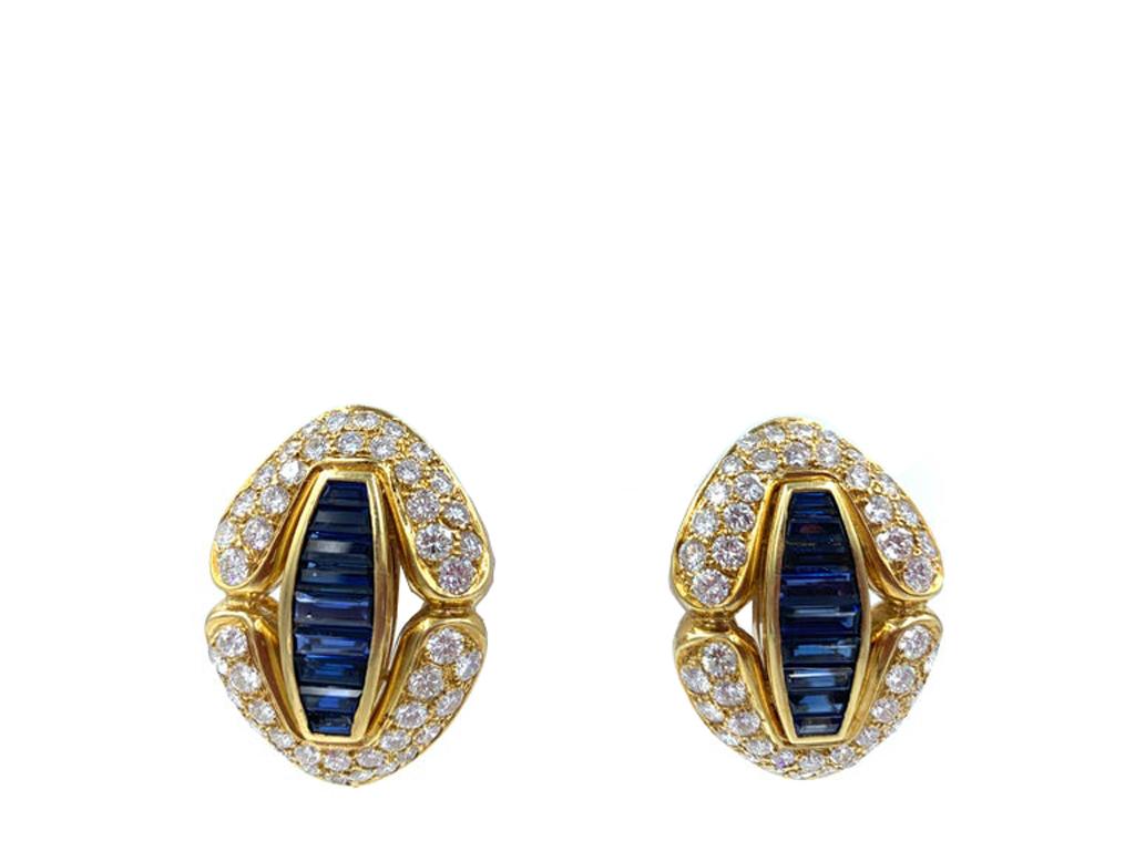 Women's or Men's 18 Karat Yellow Gold Sapphire and Diamond Earrings For Sale