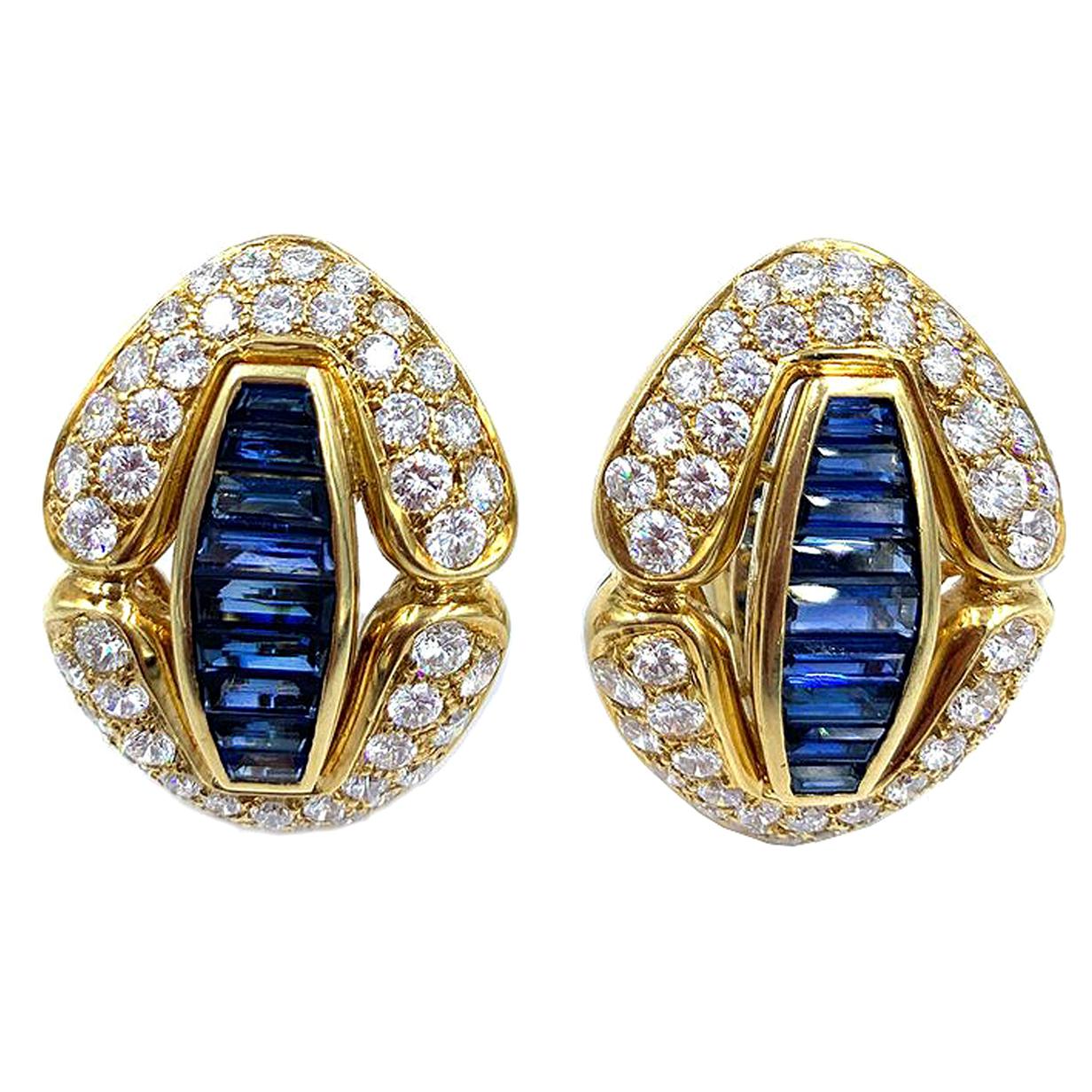 18 Karat Yellow Gold Sapphire and Diamond Earrings