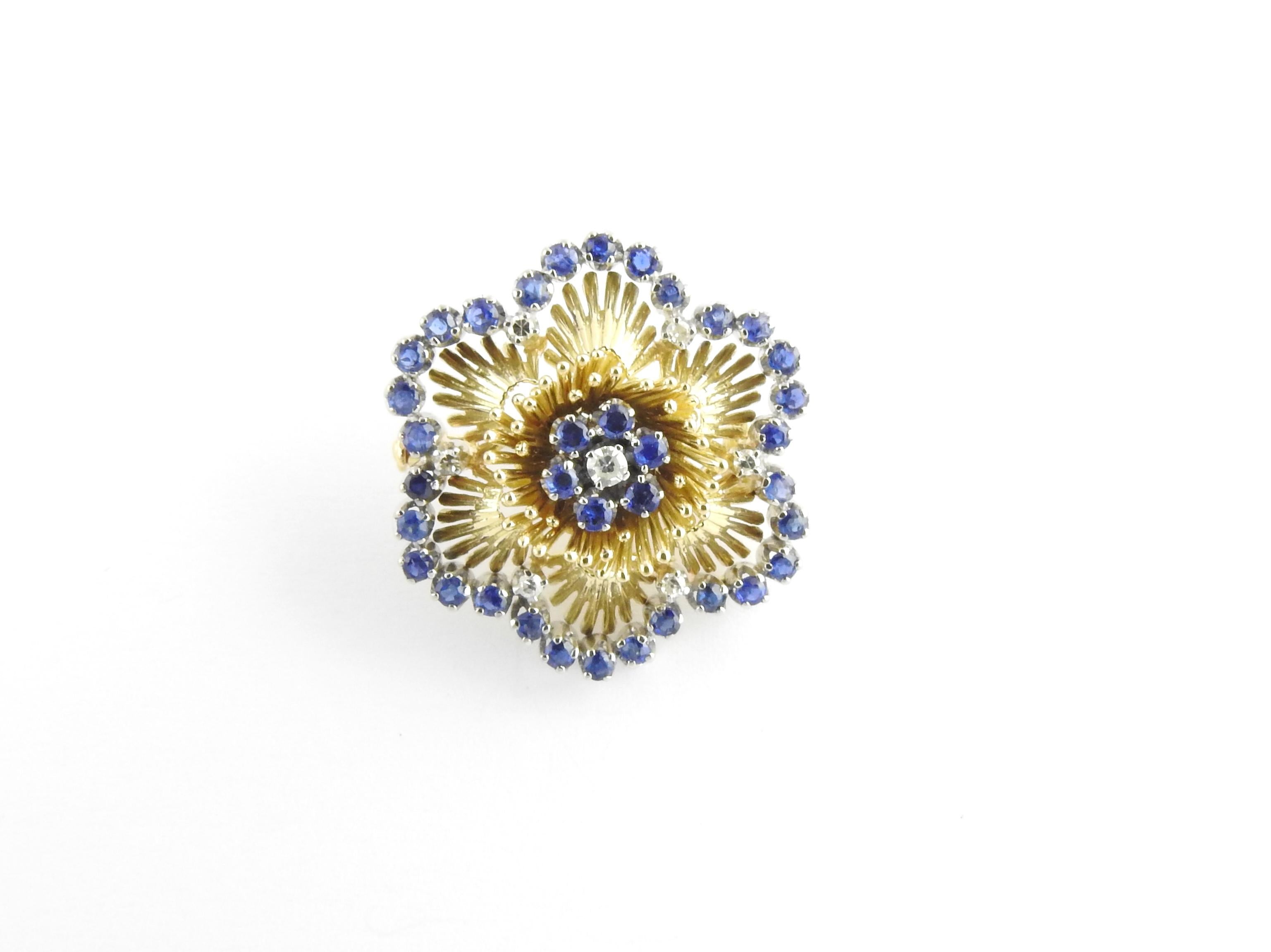 Vintage 18 Karat Yellow Gold Sapphire and Diamond Flower Brooch / Pin

This elegant 18K yellow gold brooch features seven round single cut diamonds and 36 sapphires set in a beautifully detailed floral design.

Approximate total diamond weight: .15