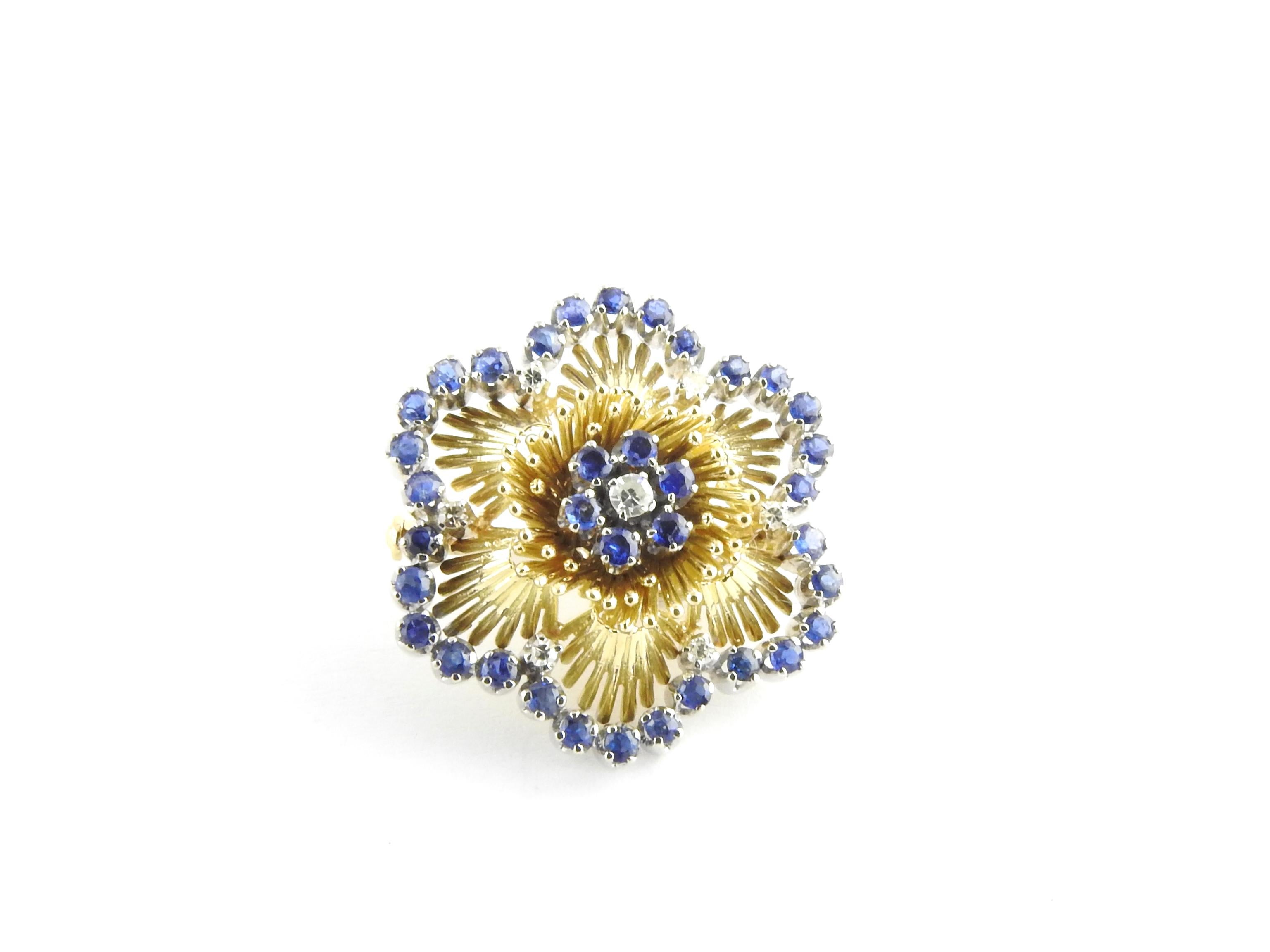 18 Karat Yellow Gold Sapphire and Diamond Flower Brooch In Good Condition In Washington Depot, CT