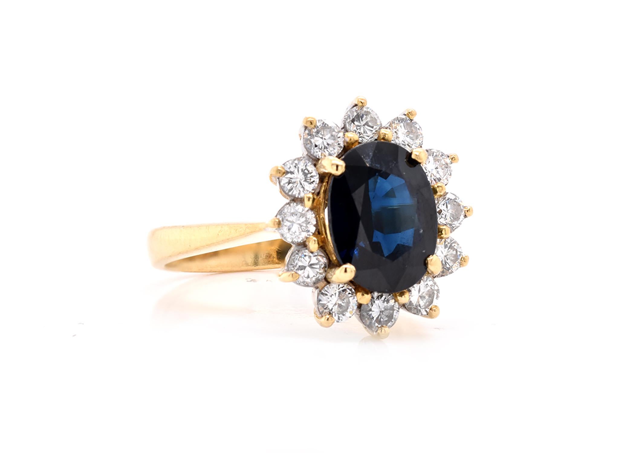 Designer: custom
Material: 18K yellow gold
Sapphire: 1 oval cut = 2.47ct
Diamond: 12 round cut = .75cttw
Color: G
Clarity: VS
Ring Size: 7.25 (please allow up to additional business days for sizing requests)
Dimensions: ring top measures 15.1mm