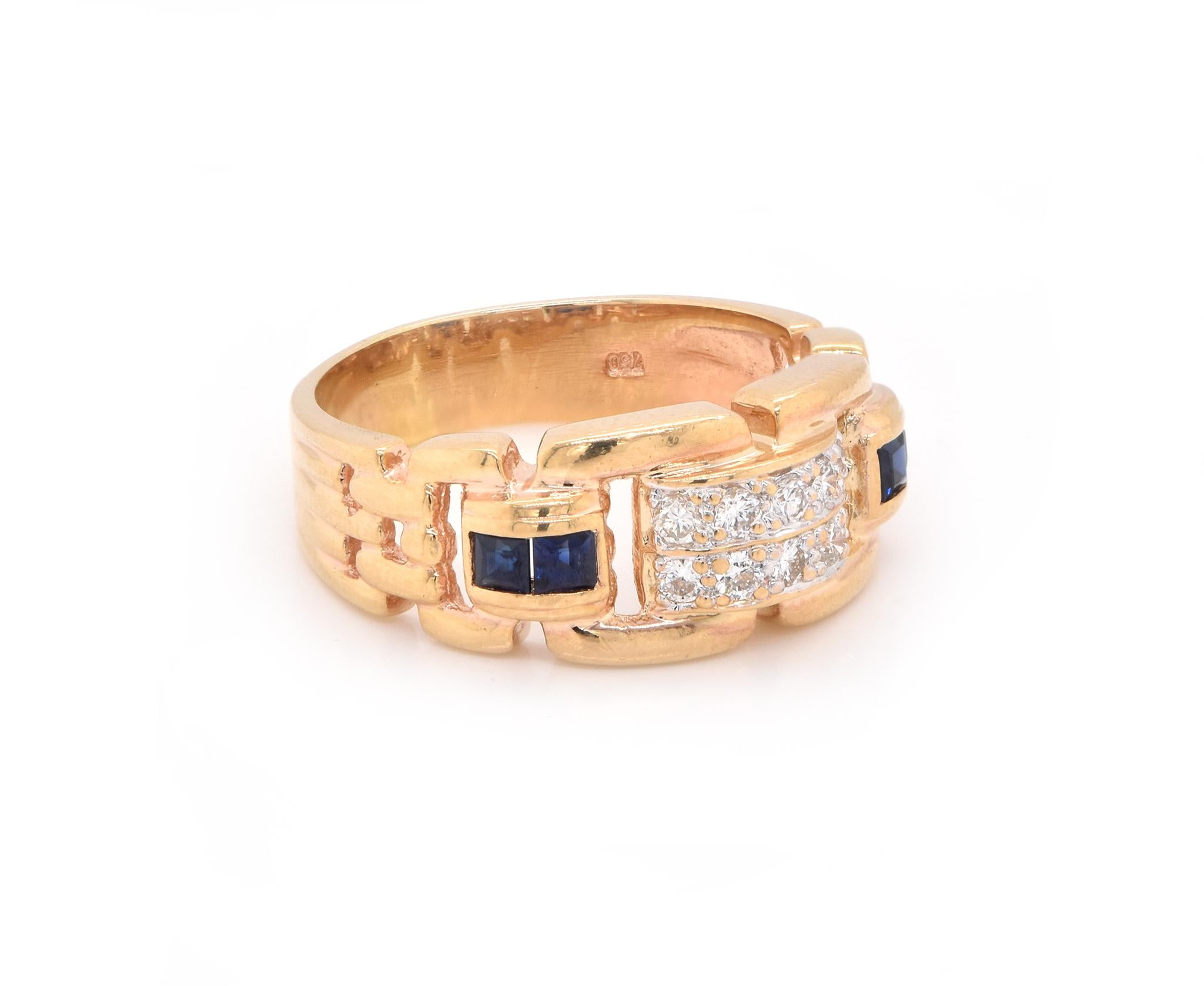 Material: 18K yellow gold 
Diamond: 10 round cut = .20cttw
Color: G
Clarity: SI1
Ring Size: 7.75 (please allow up to 2 additional business days for sizing requests)
Dimensions: ring top measures 8.9mm wide
Weight: 6.36 grams
