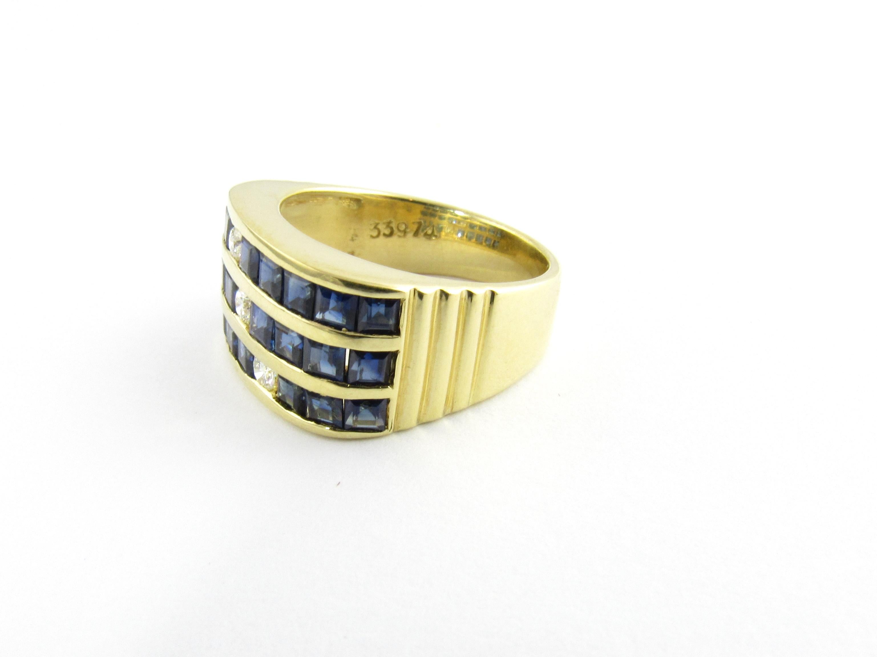 Vintage 18 Karat Yellow Gold Sapphire and Diamond Ring Size 7

This lovely ring features 24 princess cut sapphires and three round brilliant cut diamonds set in beautifully detailed 18K yellow gold. Width: 11 mm. Shank: 5 mm.

Approximate total