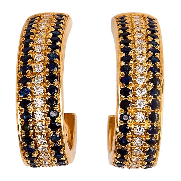 18 Karat Yellow Gold, Sapphire and Diamonds Earrings For Sale