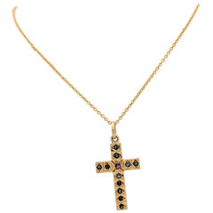 18 Karat Yellow Gold Sapphire and Ruby Cross Pendant Necklace