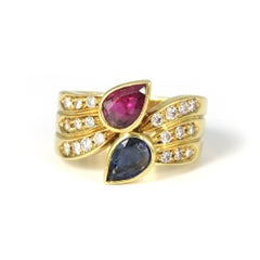 18 Karat Yellow Gold Sapphire and Ruby Ring with Diamonds