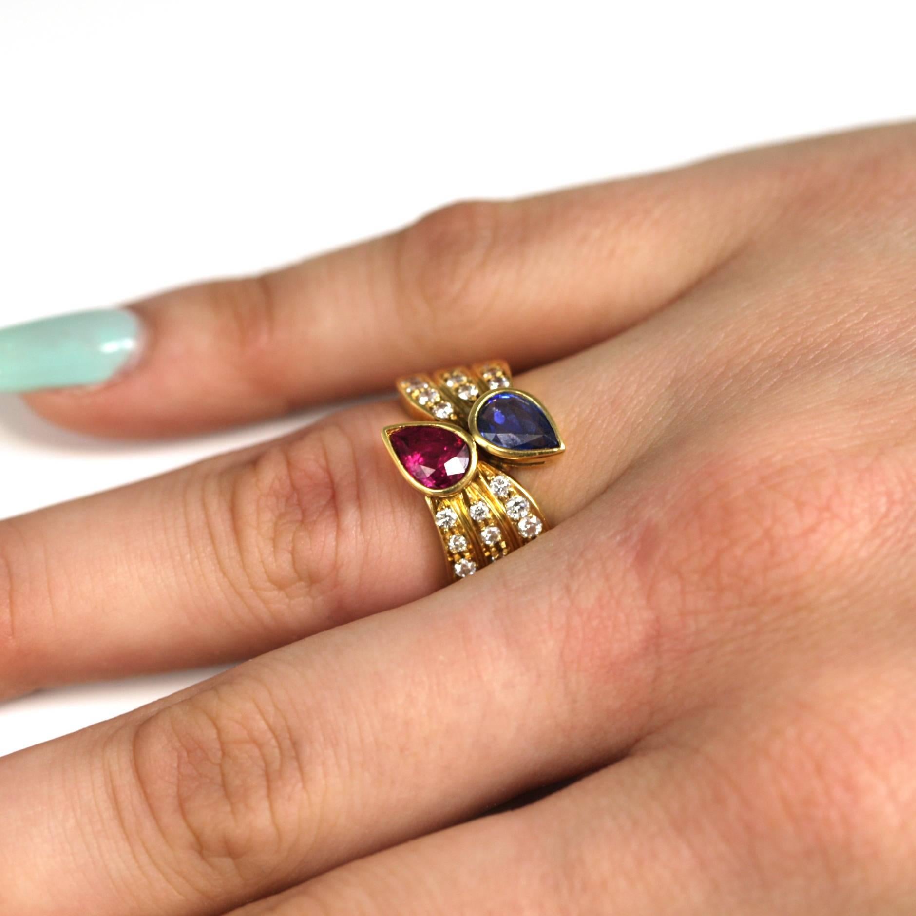 Modern 18 Karat Yellow Gold Sapphire and Ruby Ring with Diamonds For Sale