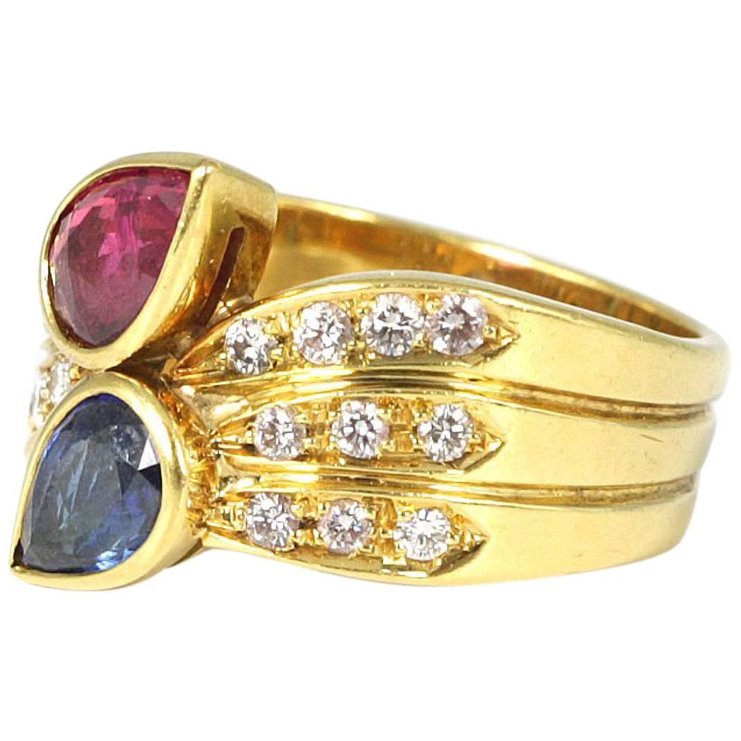 18 Karat Yellow Gold Sapphire and Ruby Ring with Diamonds For Sale