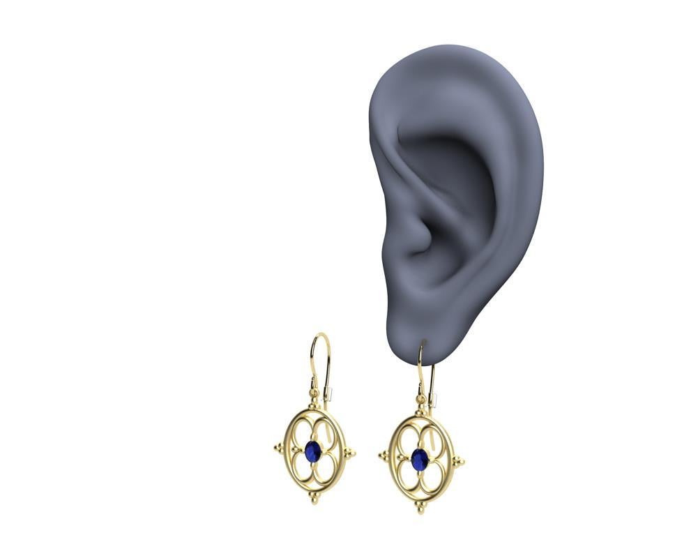 18KY Gold Oval Sapphire Arabesque Earrings,  18 Karat satin matte gold finish with diamond cut sapphires  4 x3 mm . This design came from 2008 when I began the Arabesque curves. Custom orders for your birthstone available also. Made to order allow 4