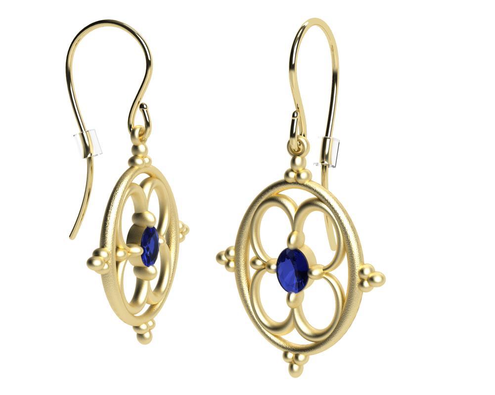 Oval Cut 18 Karat Yellow Gold Sapphire Arabesque Earrings For Sale