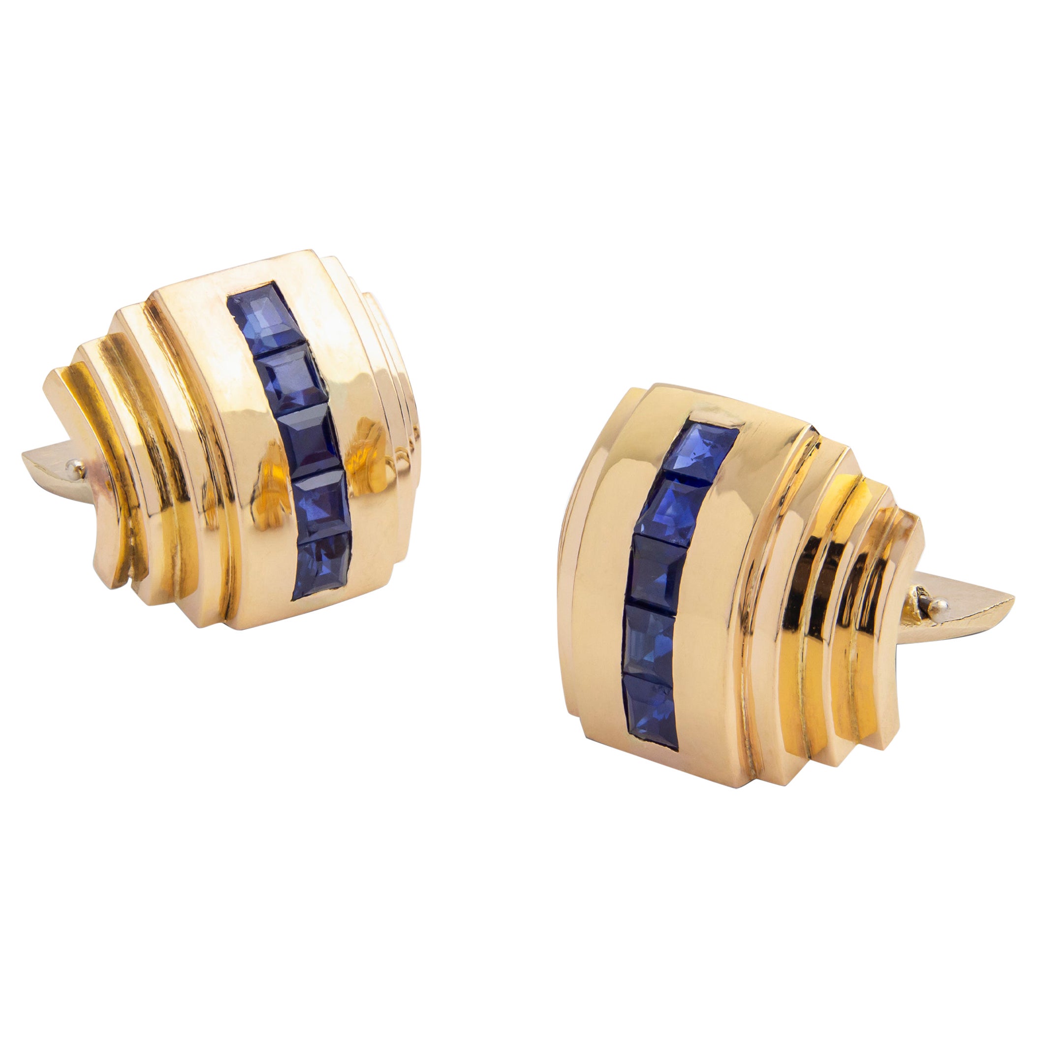 Gemelos Estilo Art Déco Oro Amarillo 18 Kilates y Zafiro
