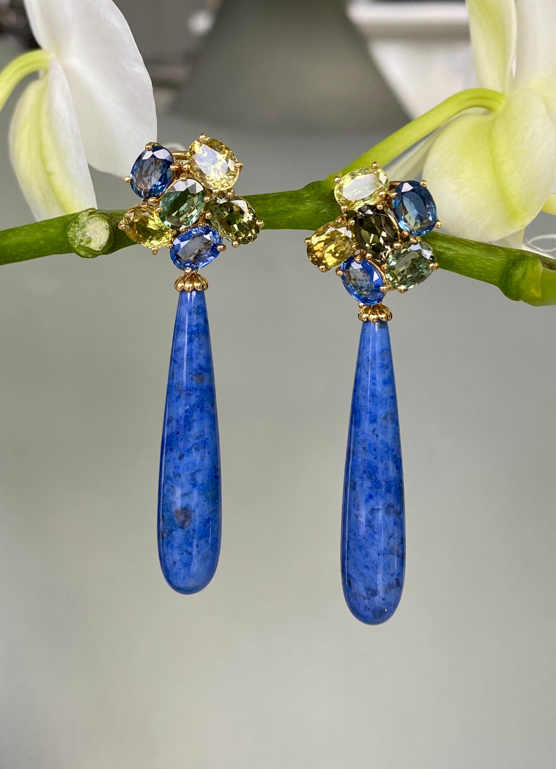 Contemporary 18 Karat Yellow Gold Sapphire Chrysoberyl Blue Dumortierite Quartz Drop Earrings For Sale