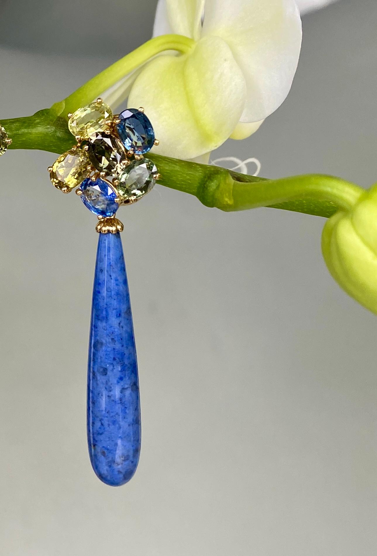 Mixed Cut 18 Karat Yellow Gold Sapphire Chrysoberyl Blue Dumortierite Quartz Drop Earrings For Sale