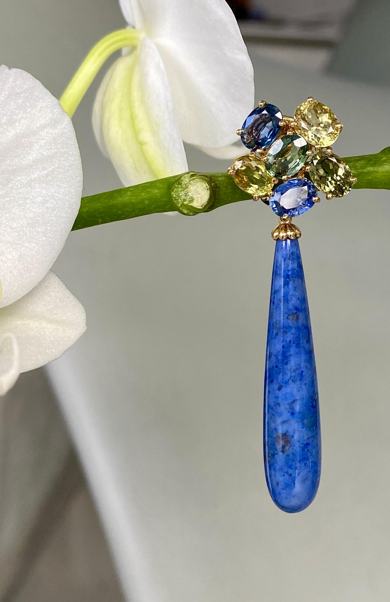 18 Karat Yellow Gold Sapphire Chrysoberyl Blue Dumortierite Quartz Drop Earrings In New Condition For Sale In New York, NY