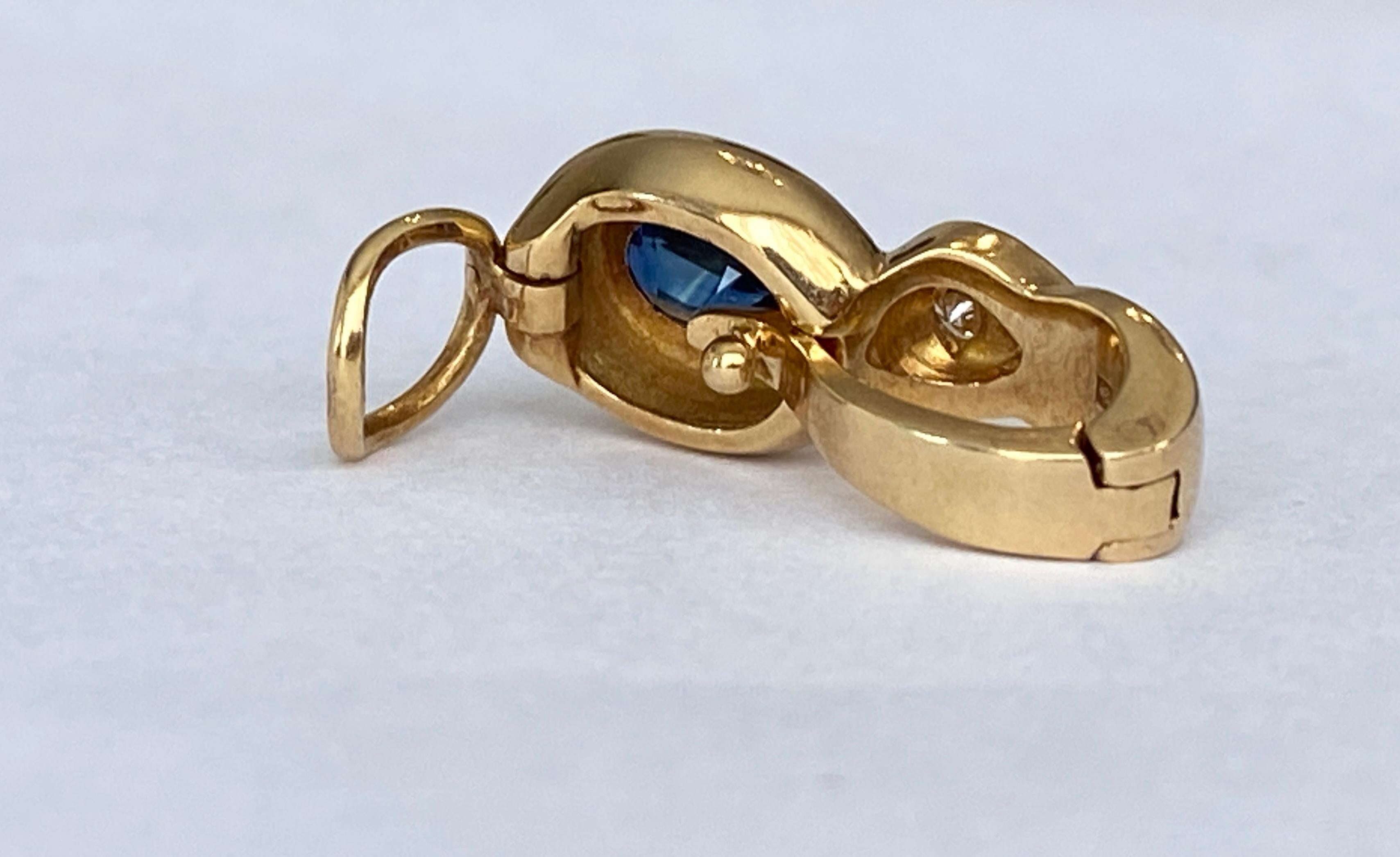 Women's or Men's 18 karat yellow gold  sapphire clip pendant with diamonds