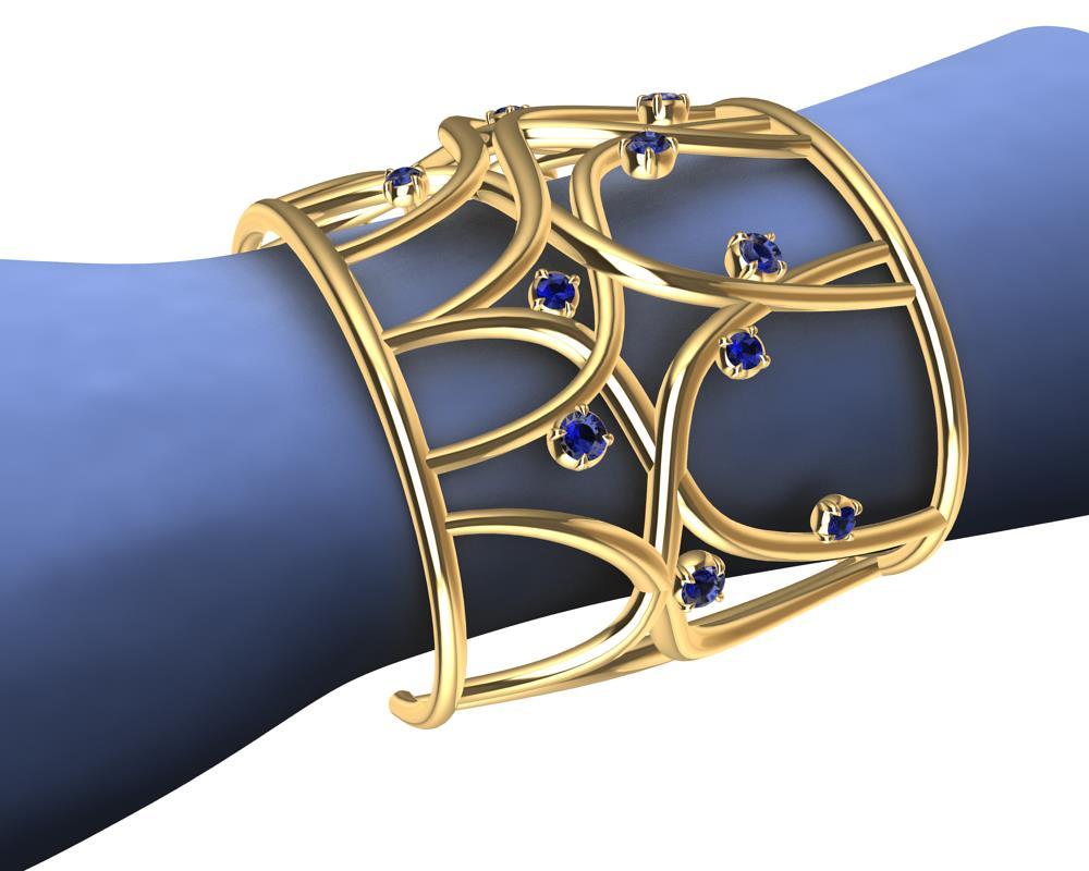 Contemporary 18 Karat Yellow Gold Sapphire Cuff Bracelet For Sale