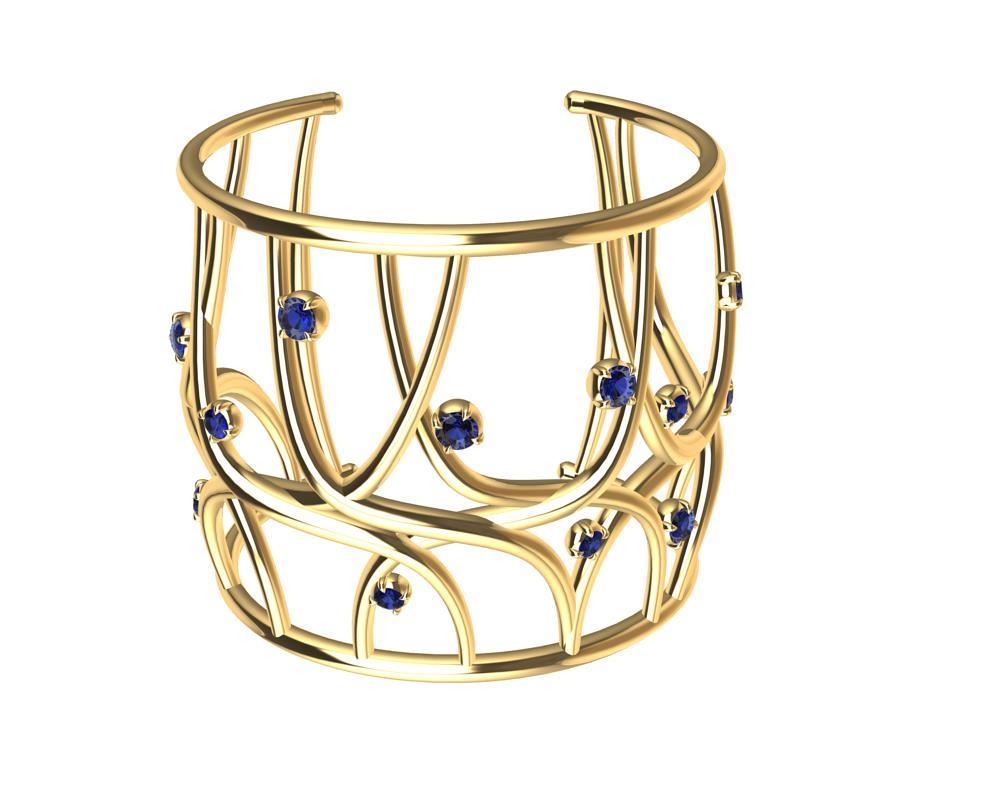 Round Cut 18 Karat Yellow Gold Sapphire Cuff Bracelet For Sale