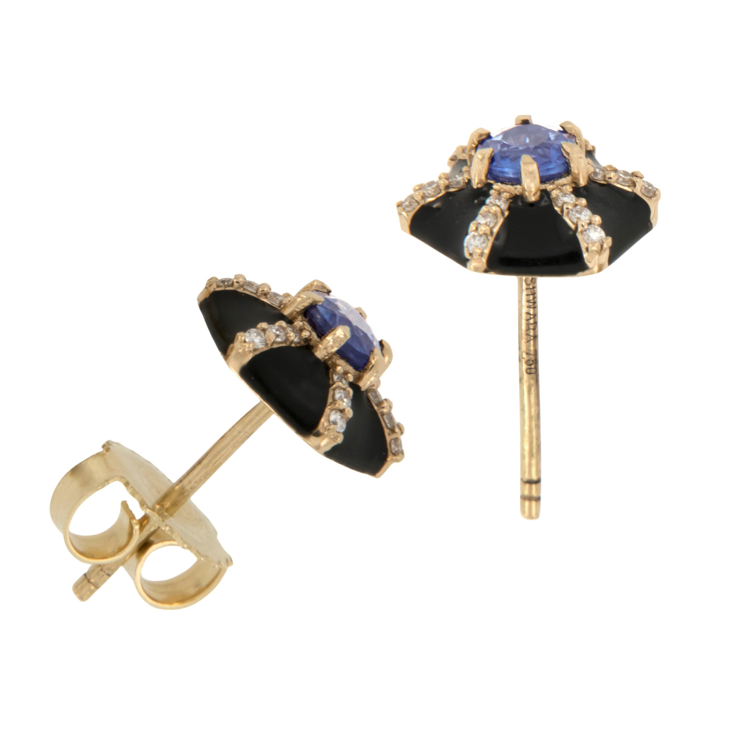 The Queen Collection was inspired by royalty, but with a modern twist. The combination of enamel, diamonds & sapphire represents power, richness and passion of a true Queen. Made in royal 18k yellow gold these fetching hexagon stud earrings with