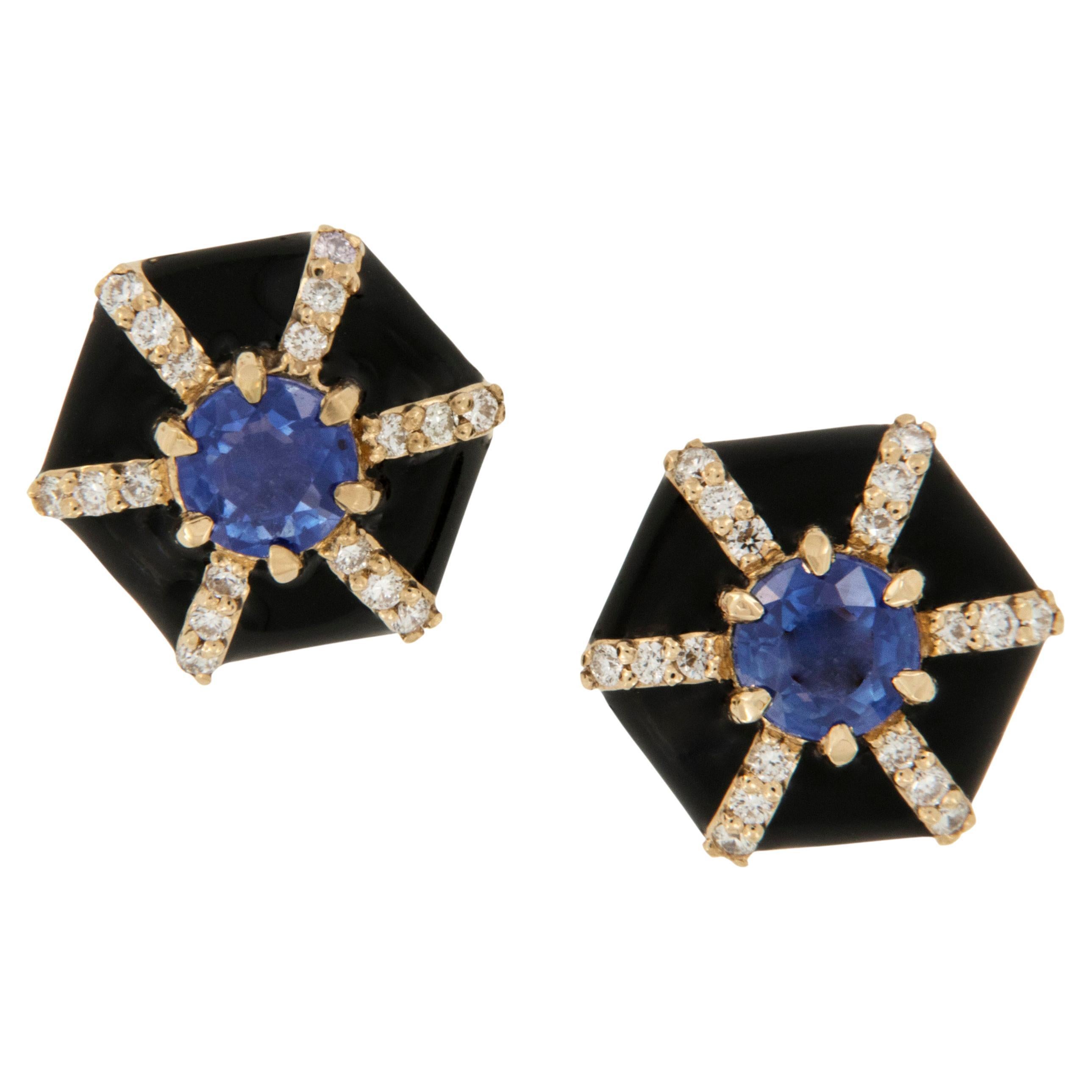 18 Karat Yellow Gold Sapphire Diamond Enamel Queen Earrings by Goshwara