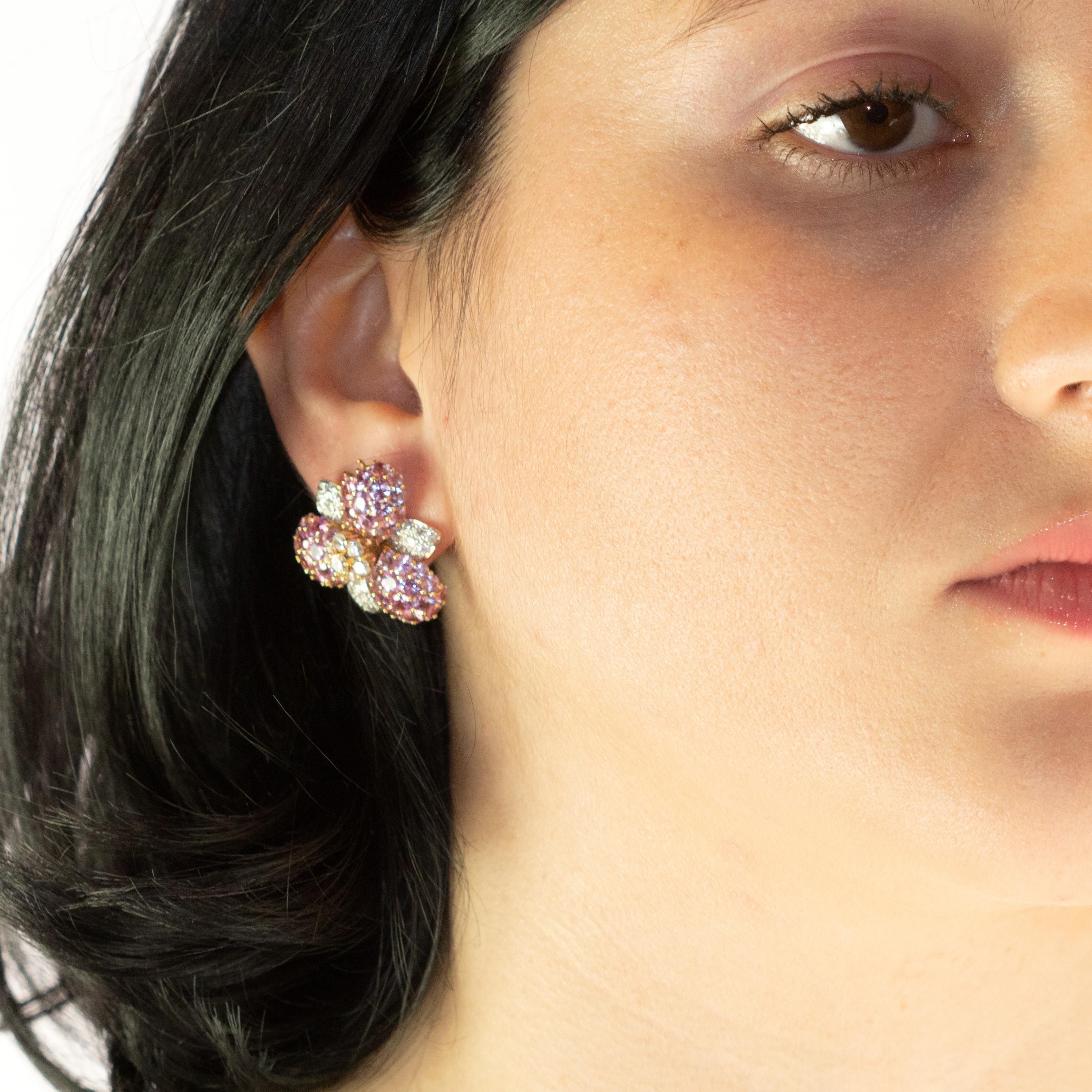 18 Karat Yellow Gold Sapphire Diamond Flower Romantic Stud Lever Back Earrings For Sale 5