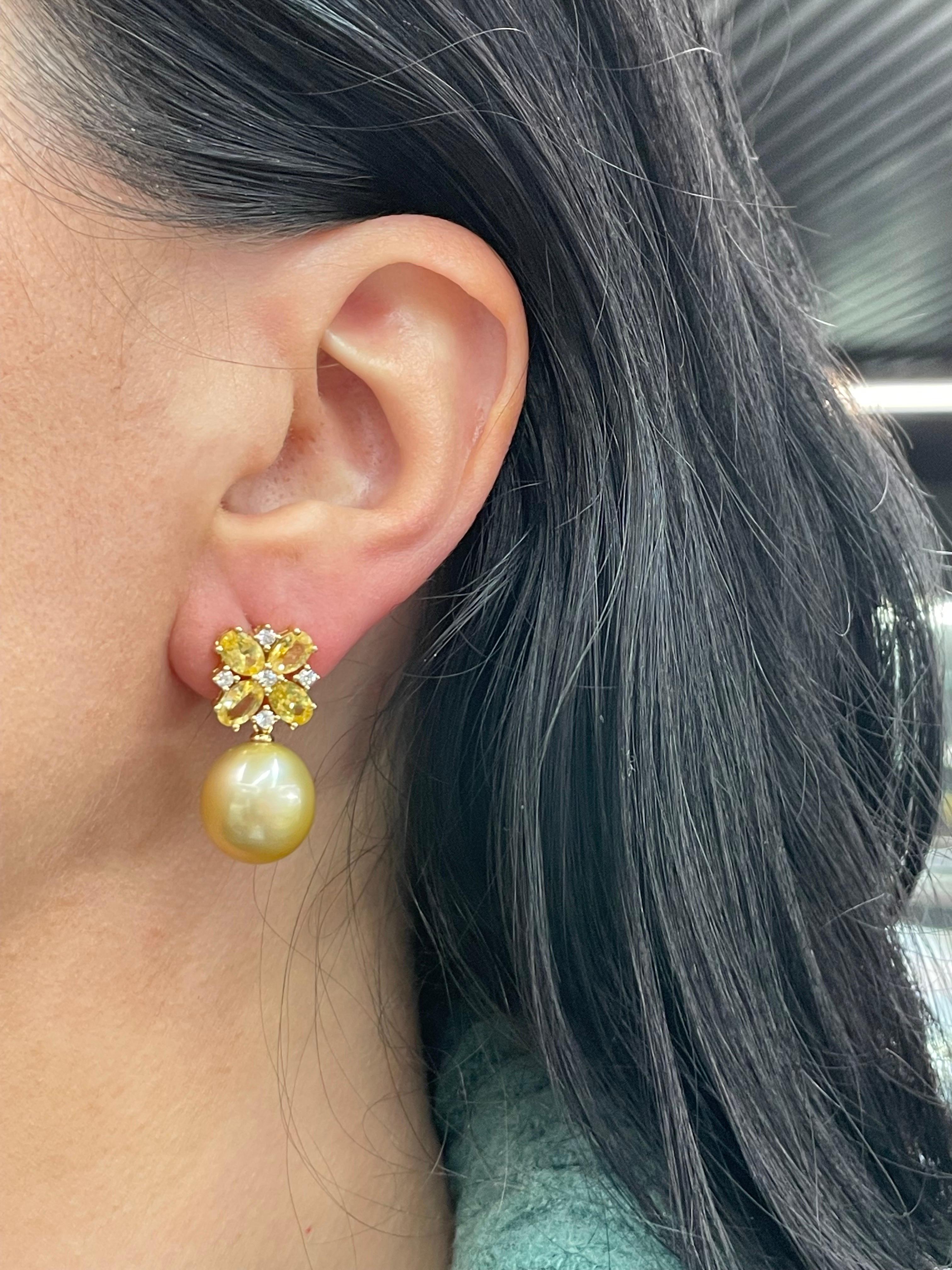 18 Karat Yellow Gold Sapphire Diamond Golden South Sea Pearl Earrings 5.02 Cttw For Sale 6