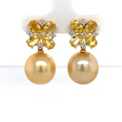18 Karat Yellow Gold Sapphire Diamond Golden South Sea Pearl Earrings 5.02 Cttw