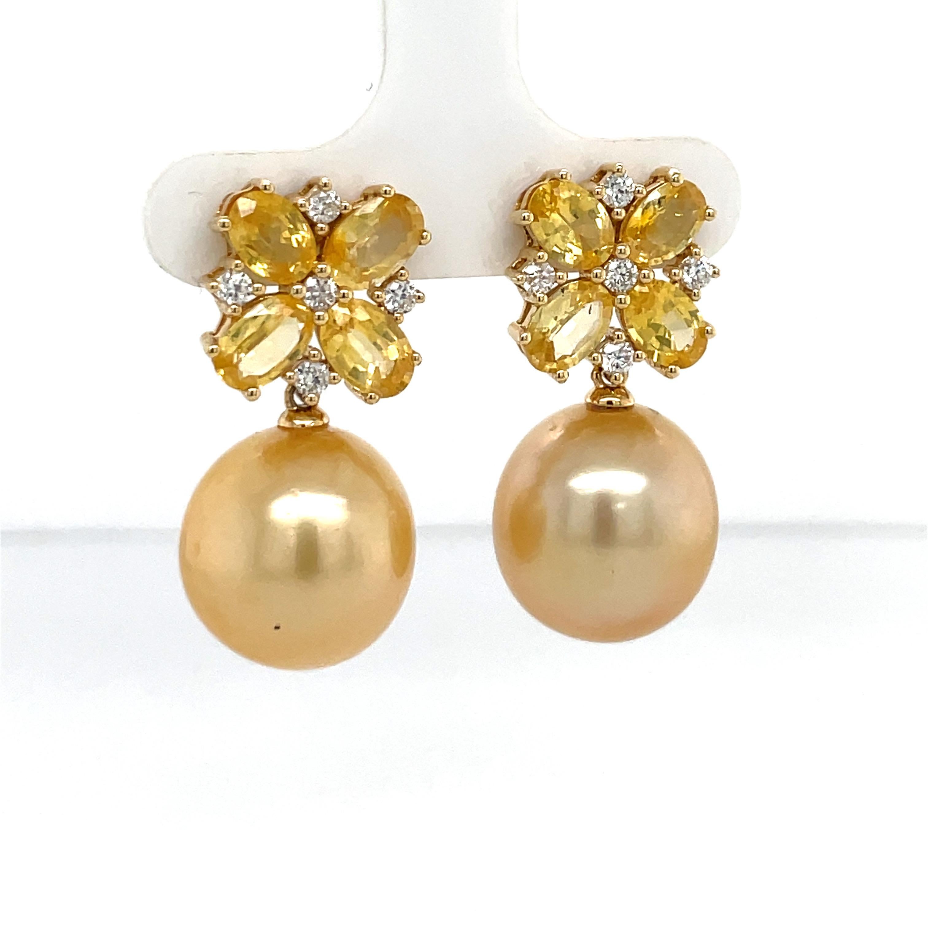 Contemporary 18 Karat Yellow Gold Sapphire Diamond Golden South Sea Pearl Earrings 5.02 Cttw For Sale