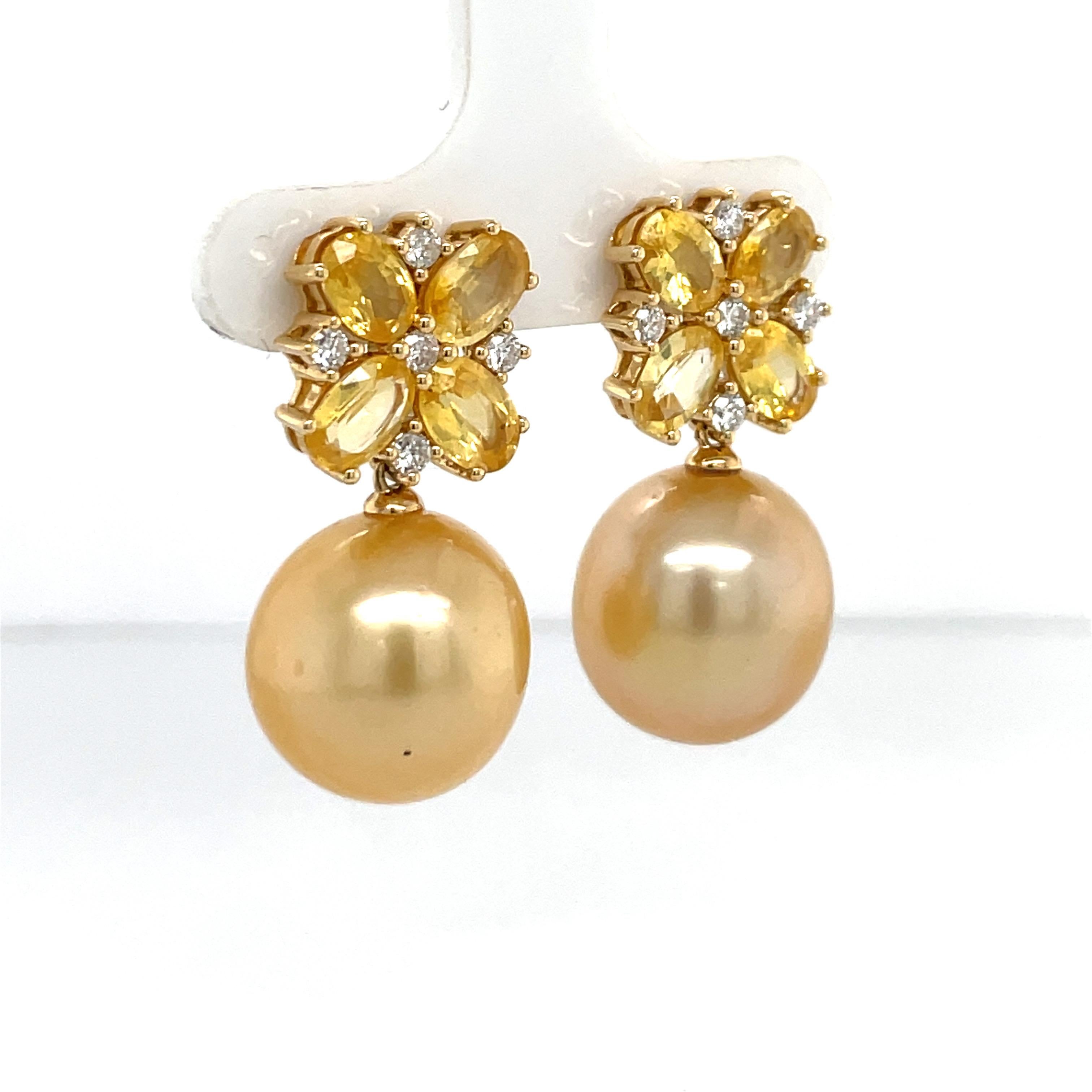 Oval Cut 18 Karat Yellow Gold Sapphire Diamond Golden South Sea Pearl Earrings 5.02 Cttw For Sale
