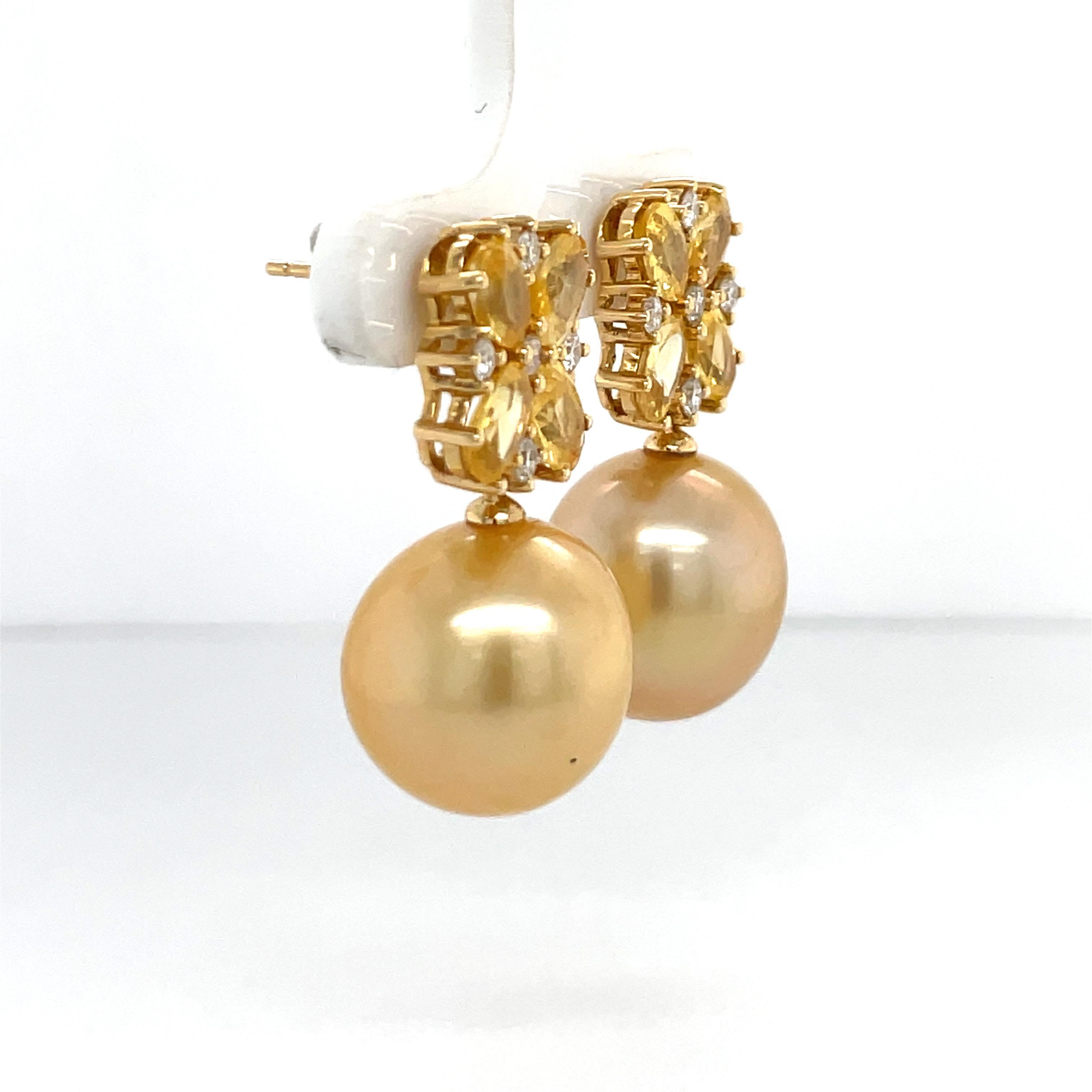 18 Karat Yellow Gold Sapphire Diamond Golden South Sea Pearl Earrings 5.02 Cttw In New Condition For Sale In New York, NY
