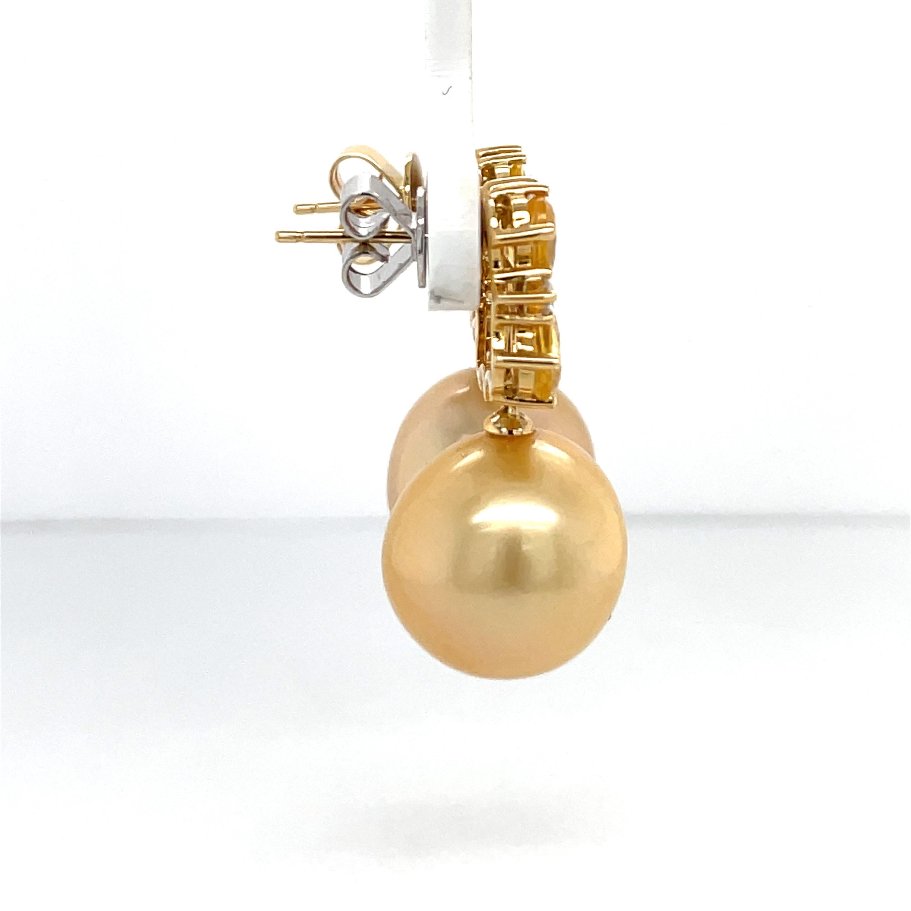 Women's 18 Karat Yellow Gold Sapphire Diamond Golden South Sea Pearl Earrings 5.02 Cttw For Sale