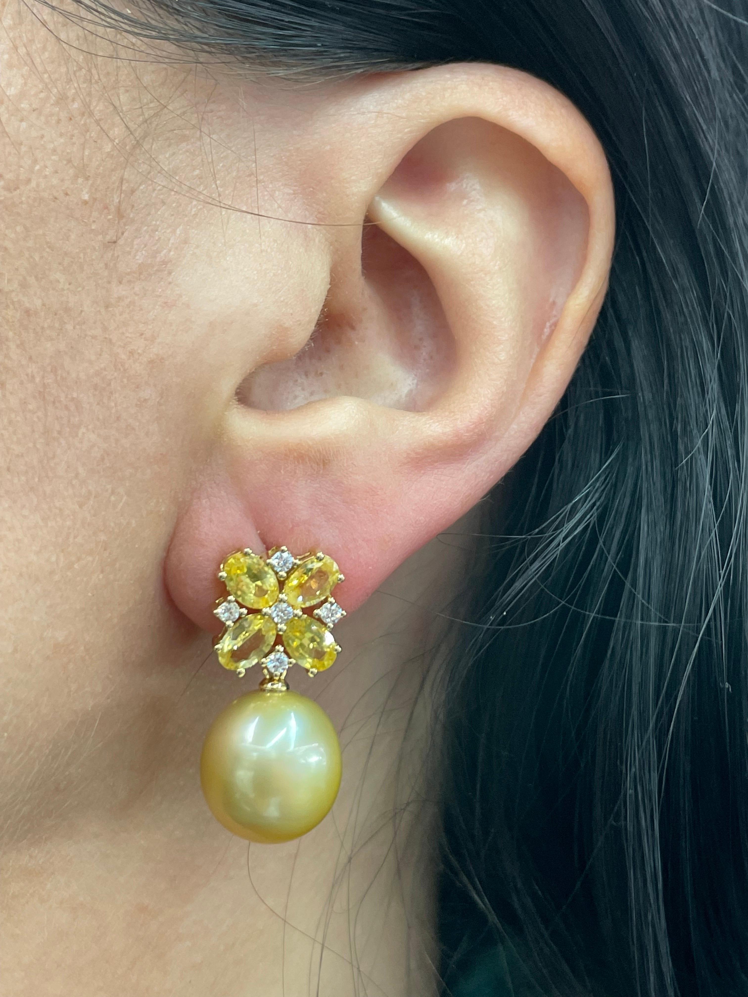 18 Karat Yellow Gold Sapphire Diamond Golden South Sea Pearl Earrings 5.02 Cttw For Sale 3