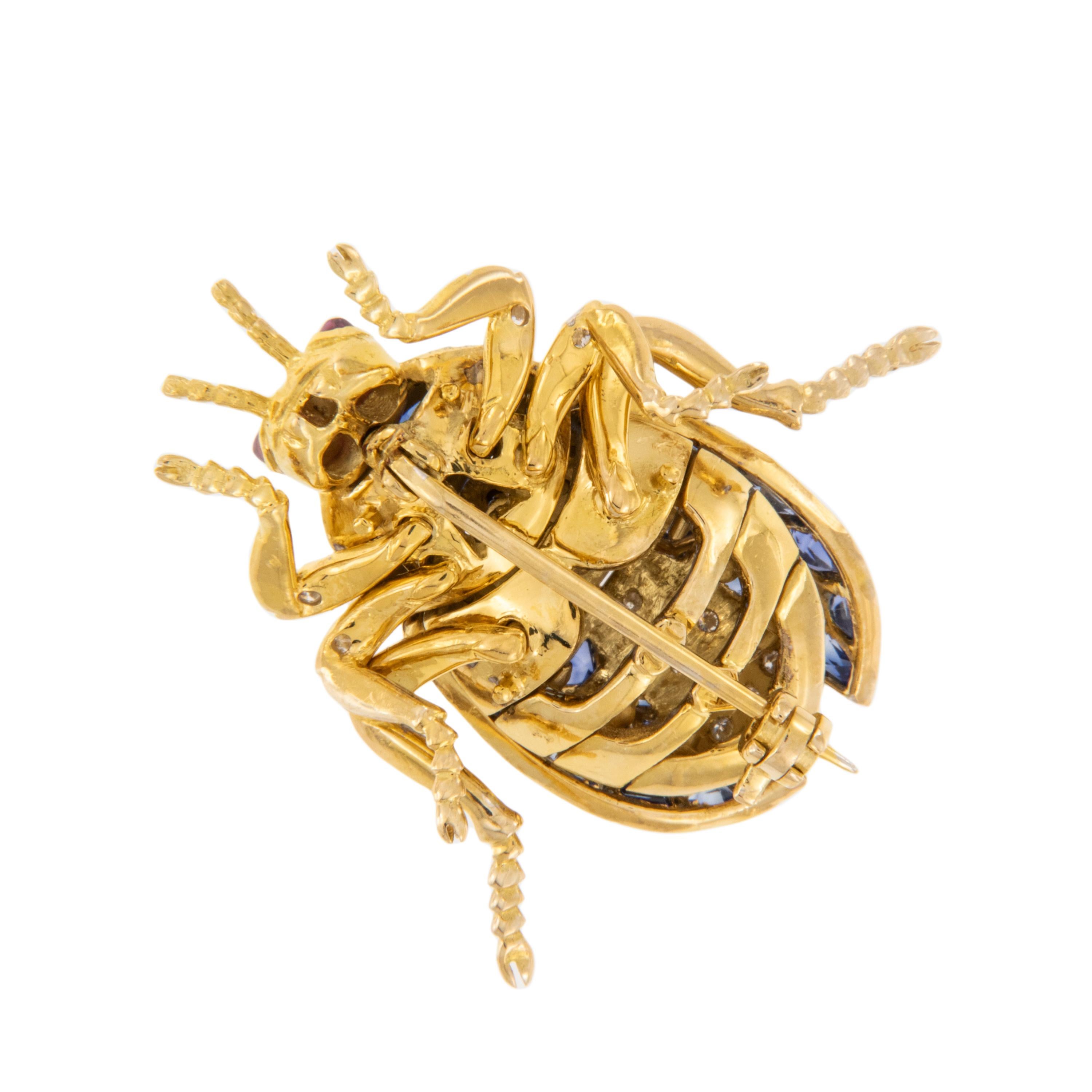Oval Cut 18 Karat Yellow Gold Sapphire Diamond Ruby Scarab Beetle Brooch Pin For Sale