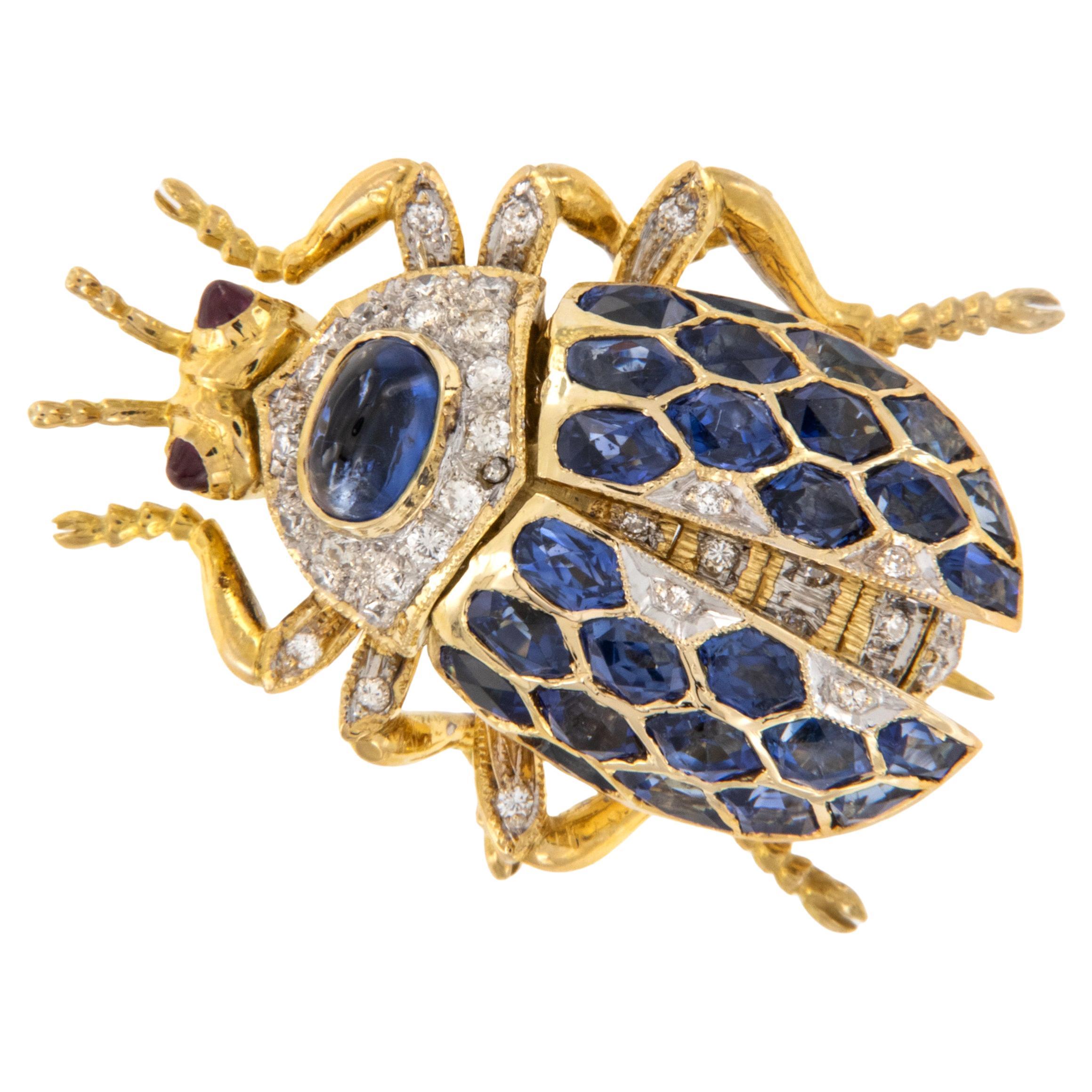18 Karat Yellow Gold Sapphire Diamond Ruby Scarab Beetle Brooch Pin For Sale