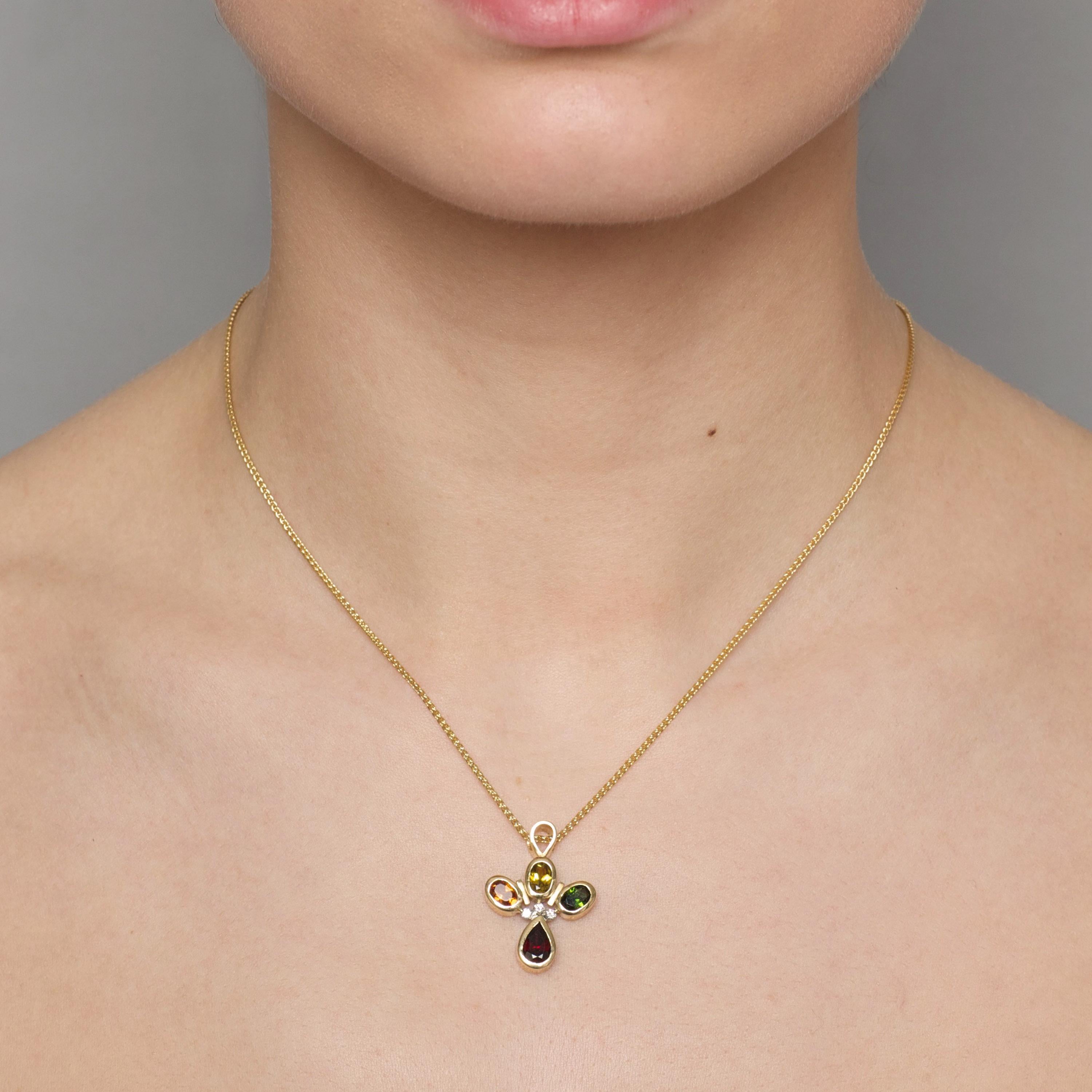 Women's or Men's 18 Karat Yellow Gold Sapphire Garnet and Tourmaline Diamond Necklace For Sale