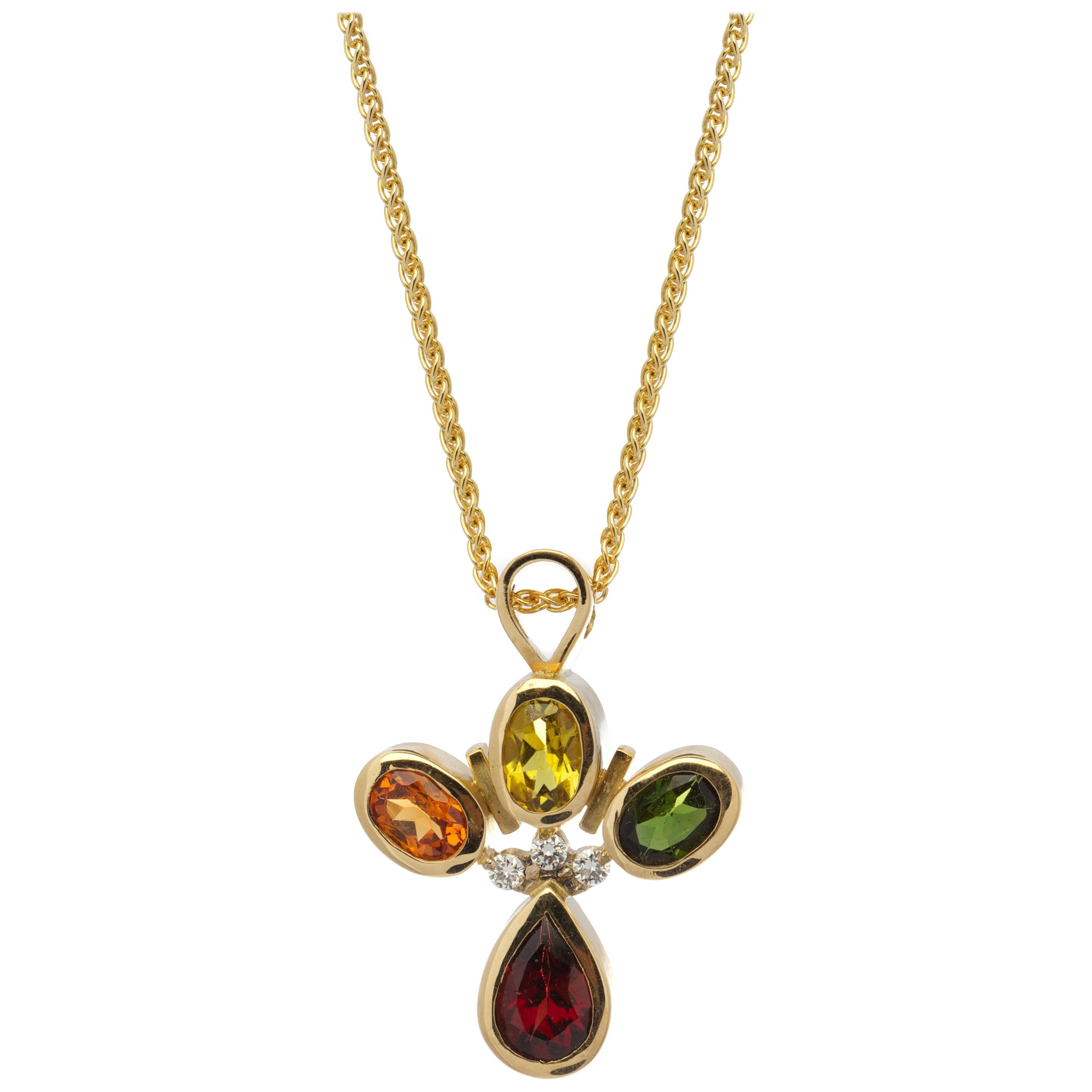 18 Karat Yellow Gold Sapphire Garnet and Tourmaline Diamond Necklace For Sale